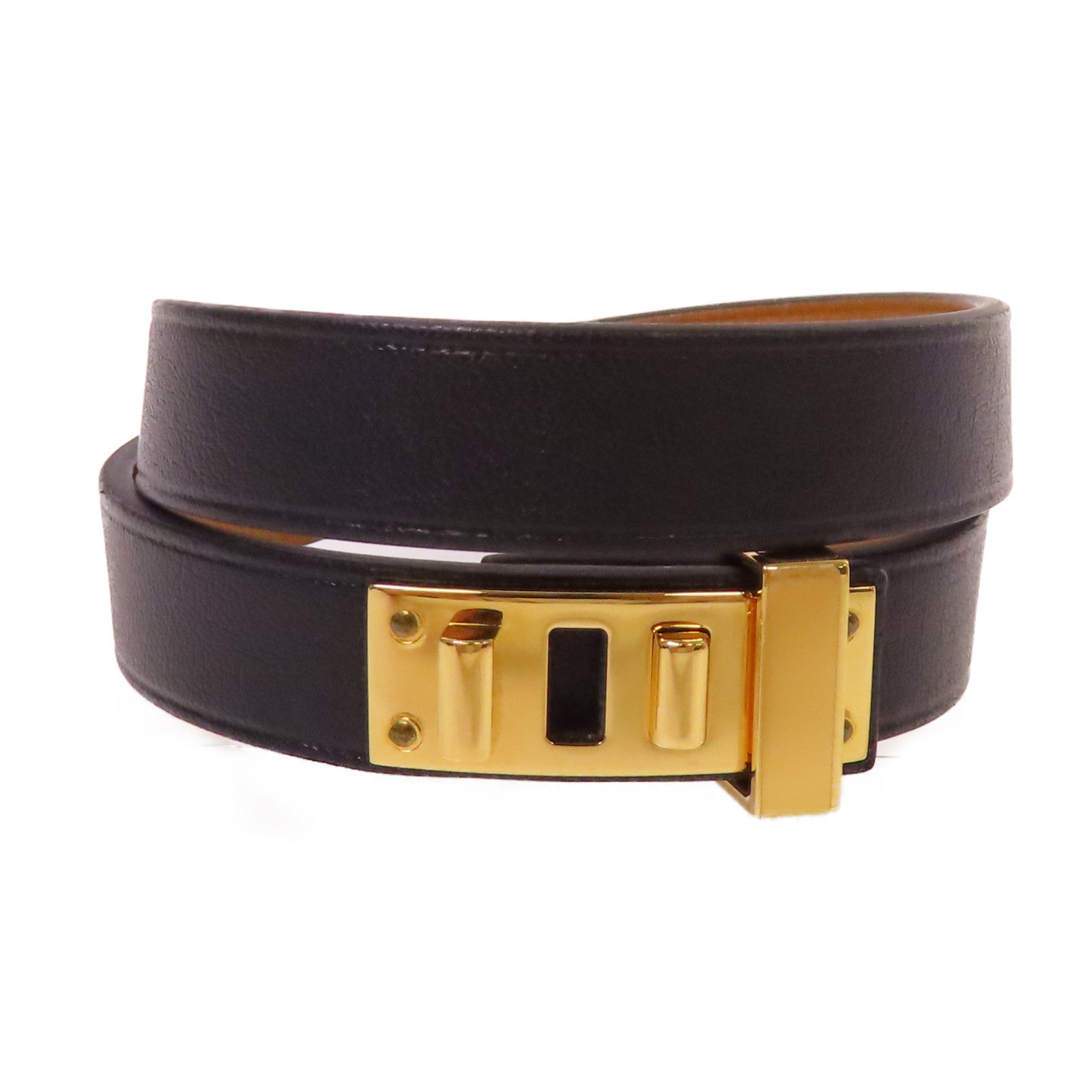 HERMES 【激減優惠】牛皮皮革/金屬Mini Dog Double Tour Bracelet金扣手鐲黑色/金色#T2