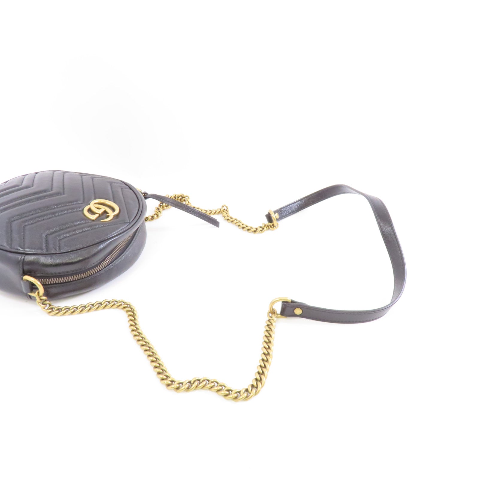 GUCCI 牛皮皮革GG Marmont Round Shoulder Bag金扣鏈帶肩背袋黑色