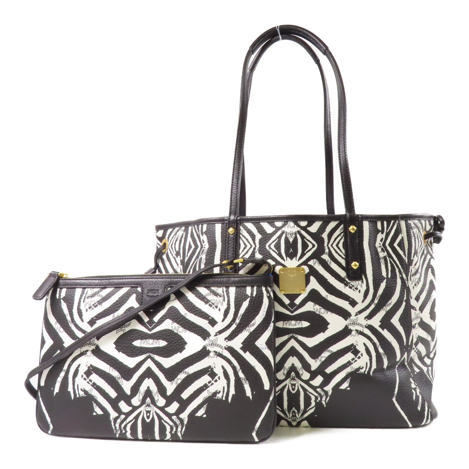 MCM 【激減優惠】皮革MCM Tote Bag金扣手挽袋黑色/白色