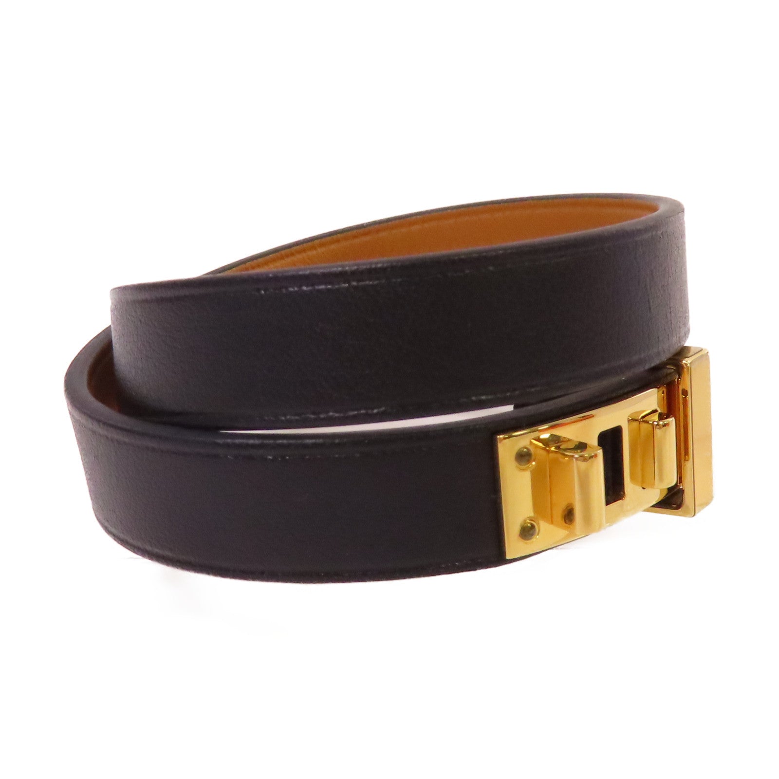 HERMES 【激減優惠】牛皮皮革/金屬Mini Dog Double Tour Bracelet金扣手鐲黑色/金色#T2