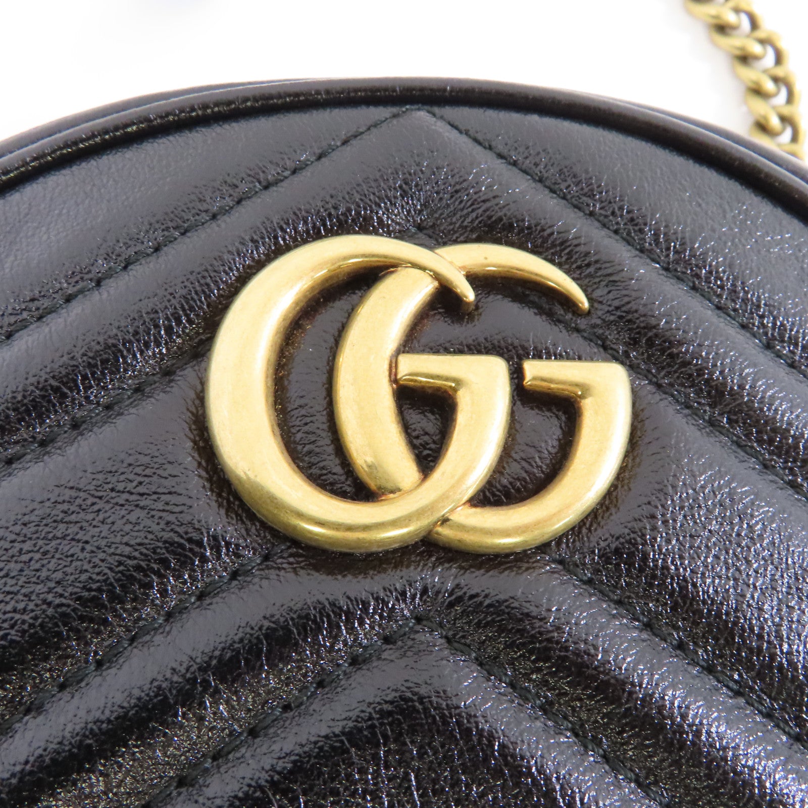 GUCCI 牛皮皮革GG Marmont Round Shoulder Bag金扣鏈帶肩背袋黑色