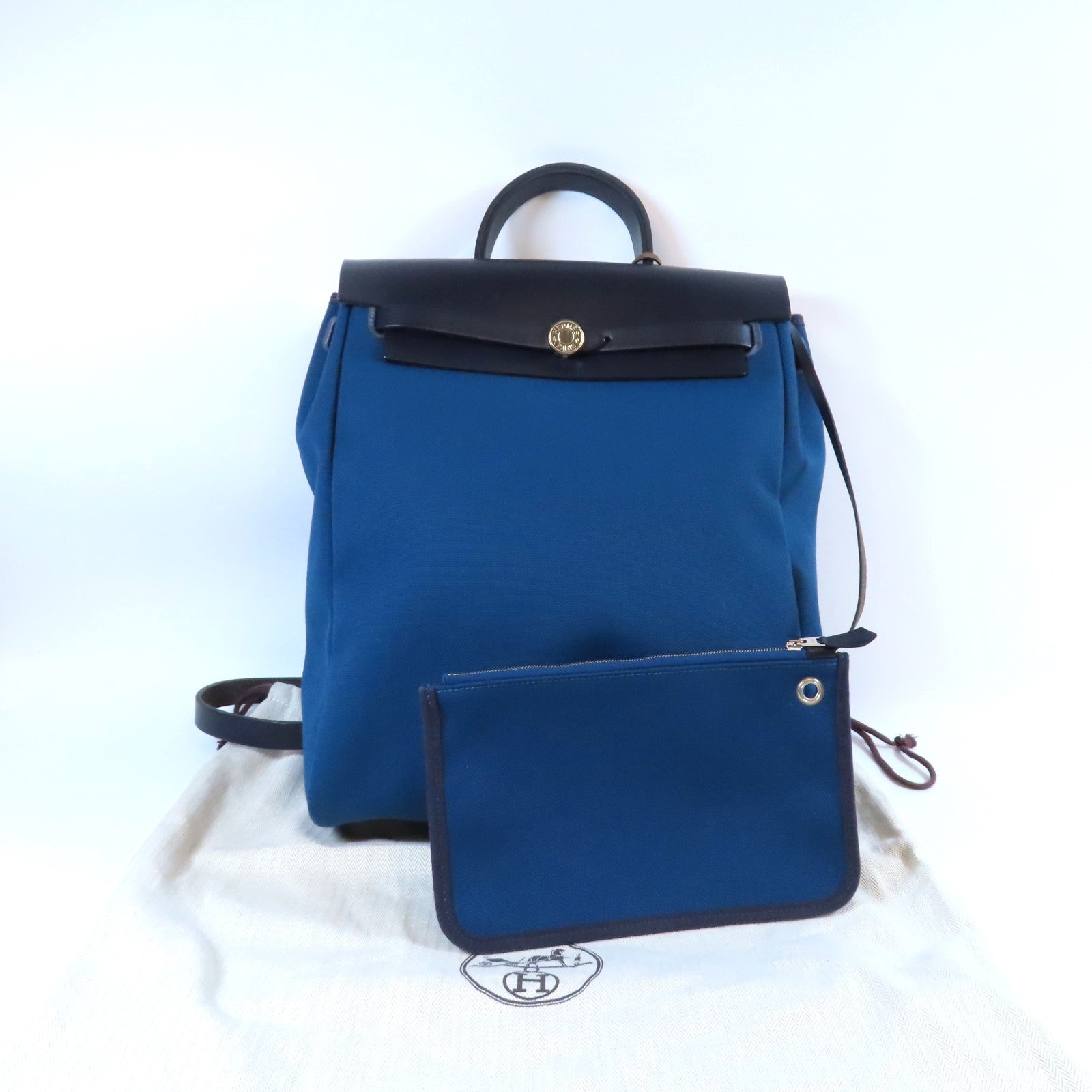 HERMES 帆布/皮革Herbag Backpack銀扣背包深藍色