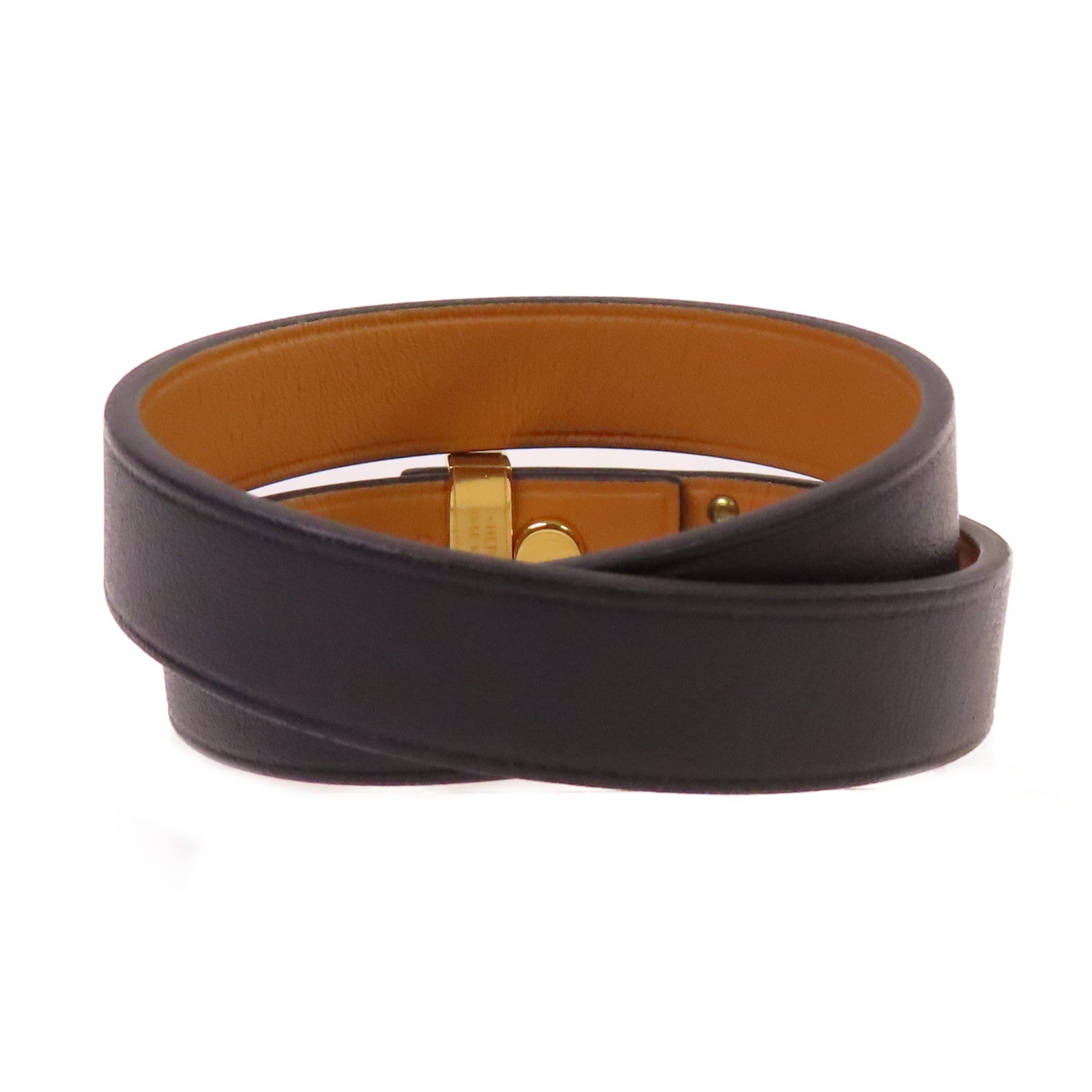HERMES 【激減優惠】牛皮皮革/金屬Mini Dog Double Tour Bracelet金扣手鐲黑色/金色#T2