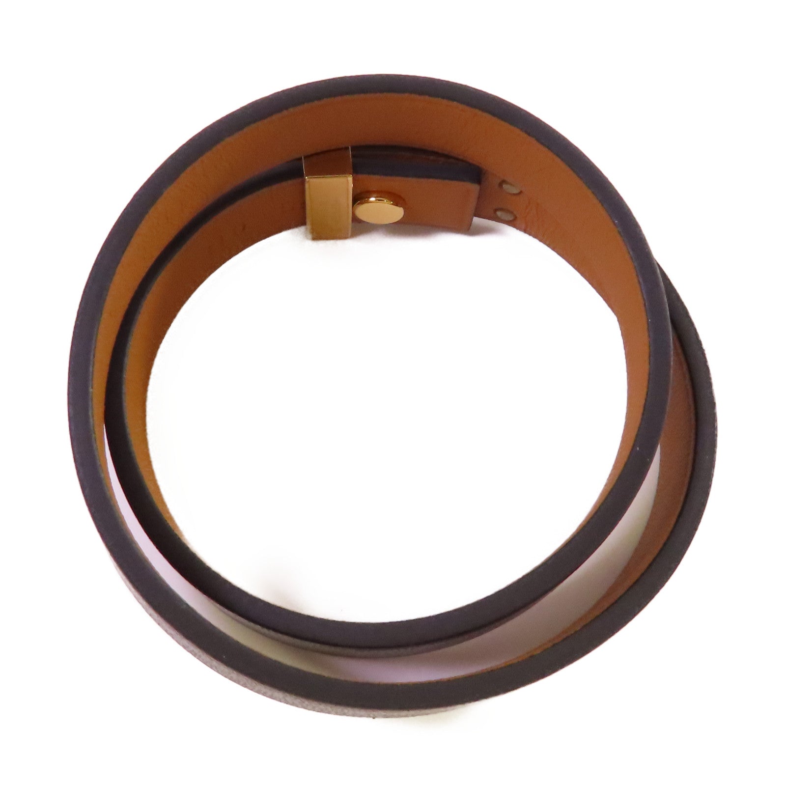 HERMES 【激減優惠】牛皮皮革/金屬Mini Dog Double Tour Bracelet金扣手鐲黑色/金色#T2