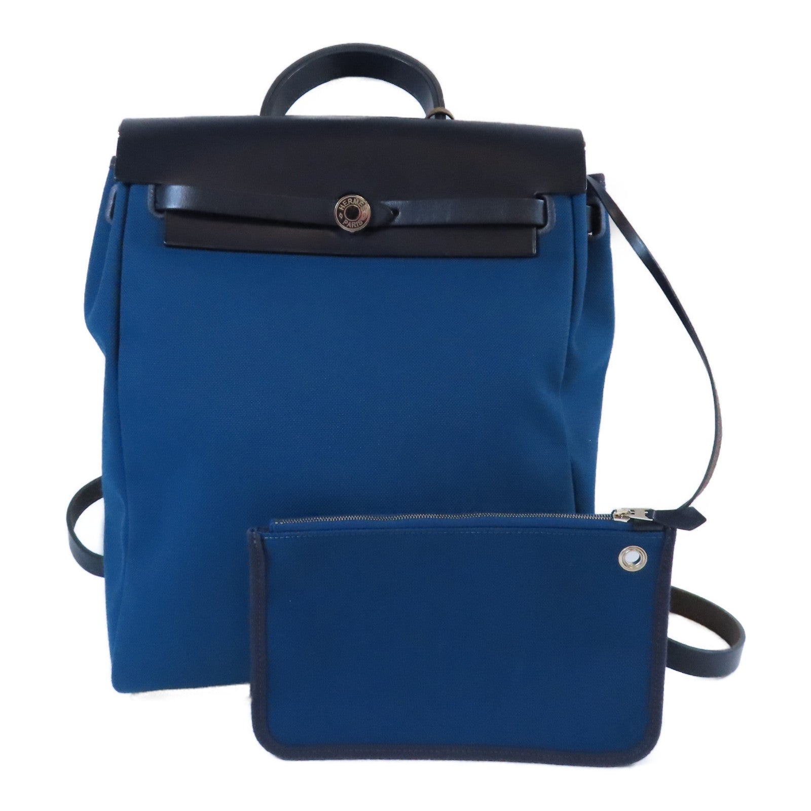 HERMES 帆布/皮革Herbag Backpack銀扣背包深藍色