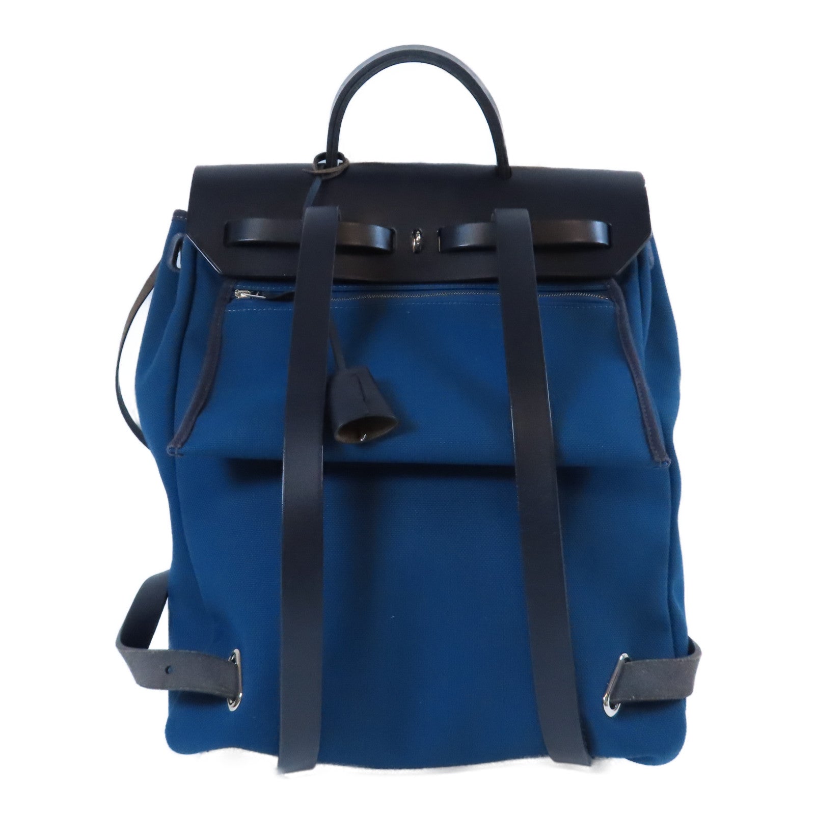 HERMES 帆布/皮革Herbag Backpack銀扣背包深藍色