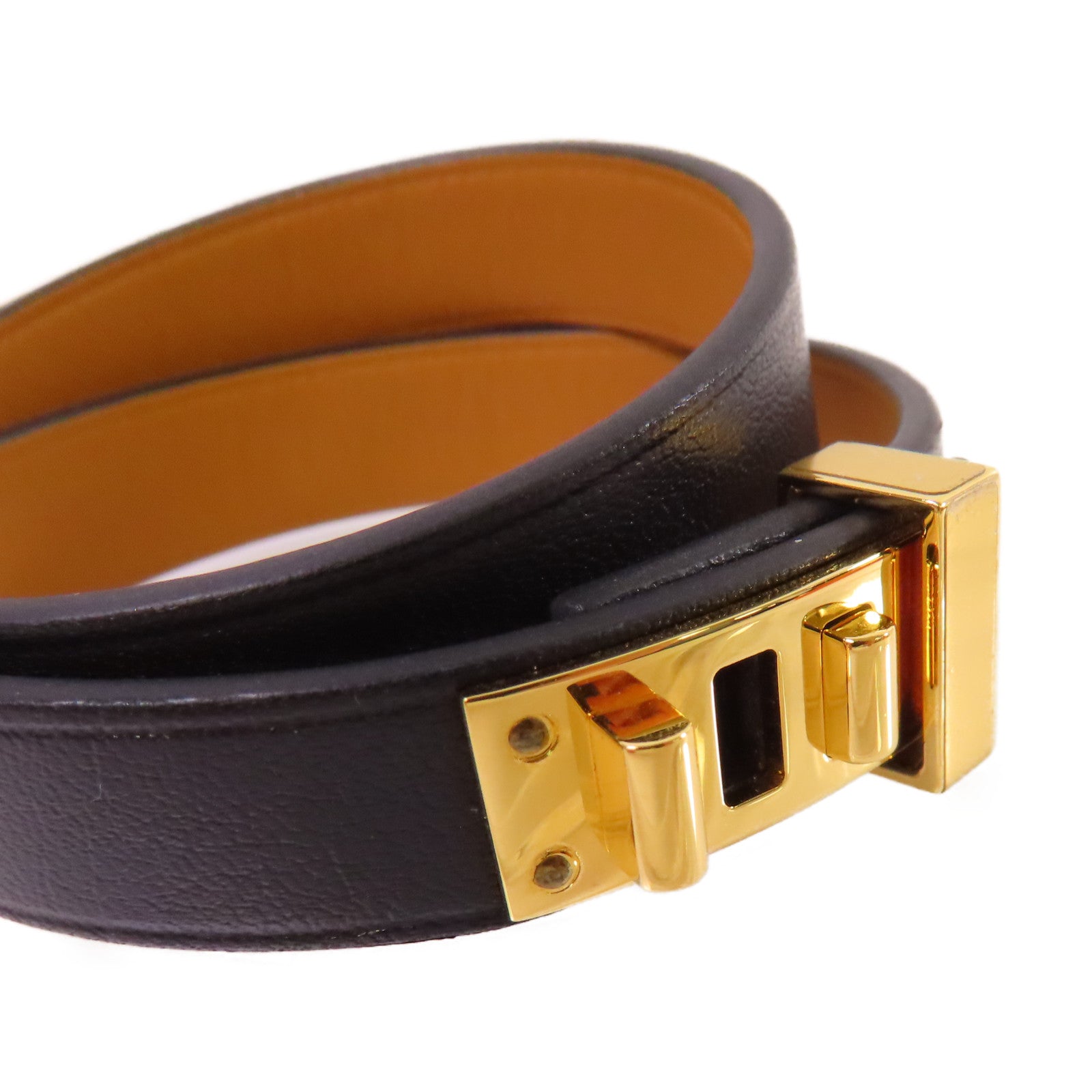 HERMES 【激減優惠】牛皮皮革/金屬Mini Dog Double Tour Bracelet金扣手鐲黑色/金色#T2