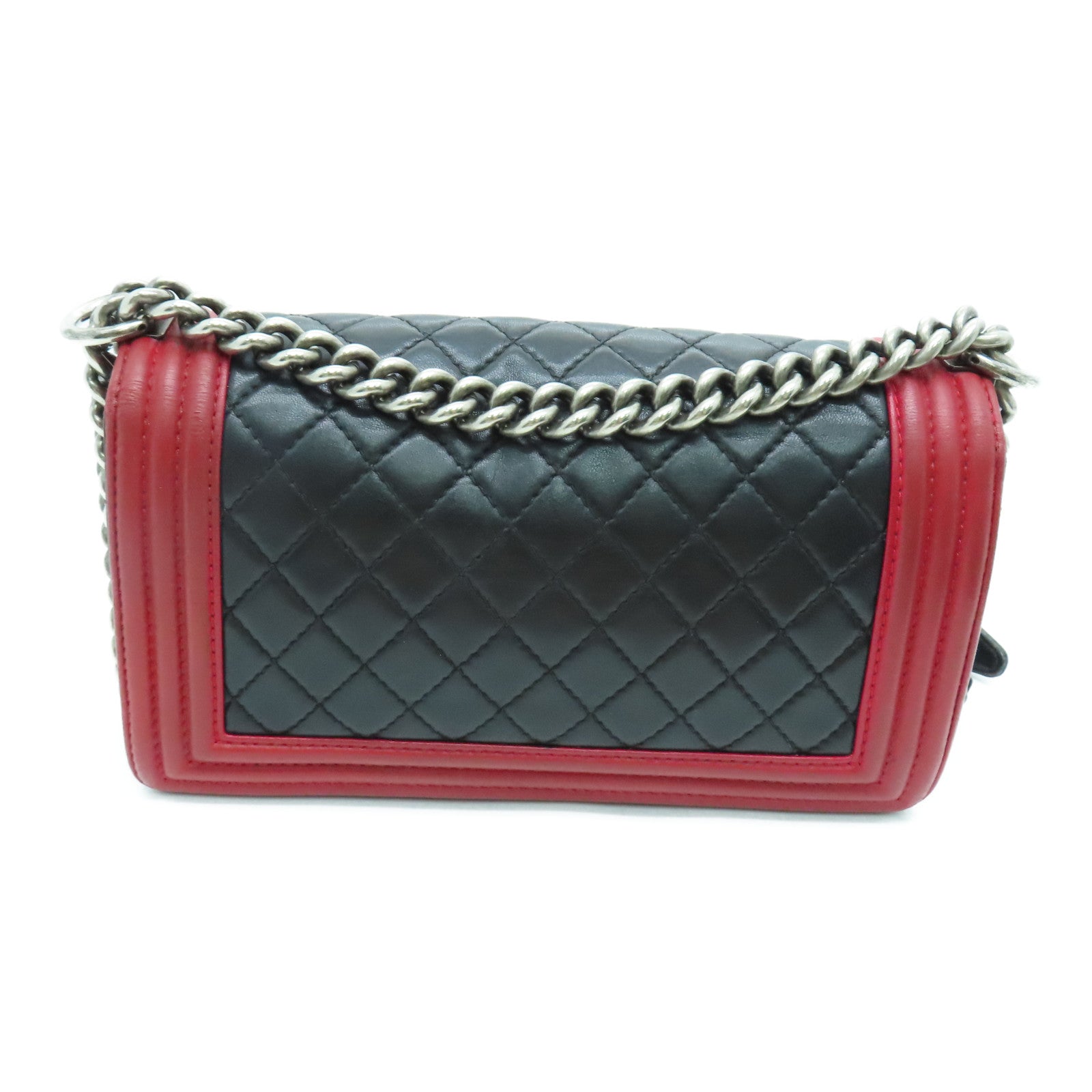 CHANEL 【清倉大減價】菱格羊皮Boy Chanel Shoulder Bag銀扣鏈帶肩背袋黑紅色