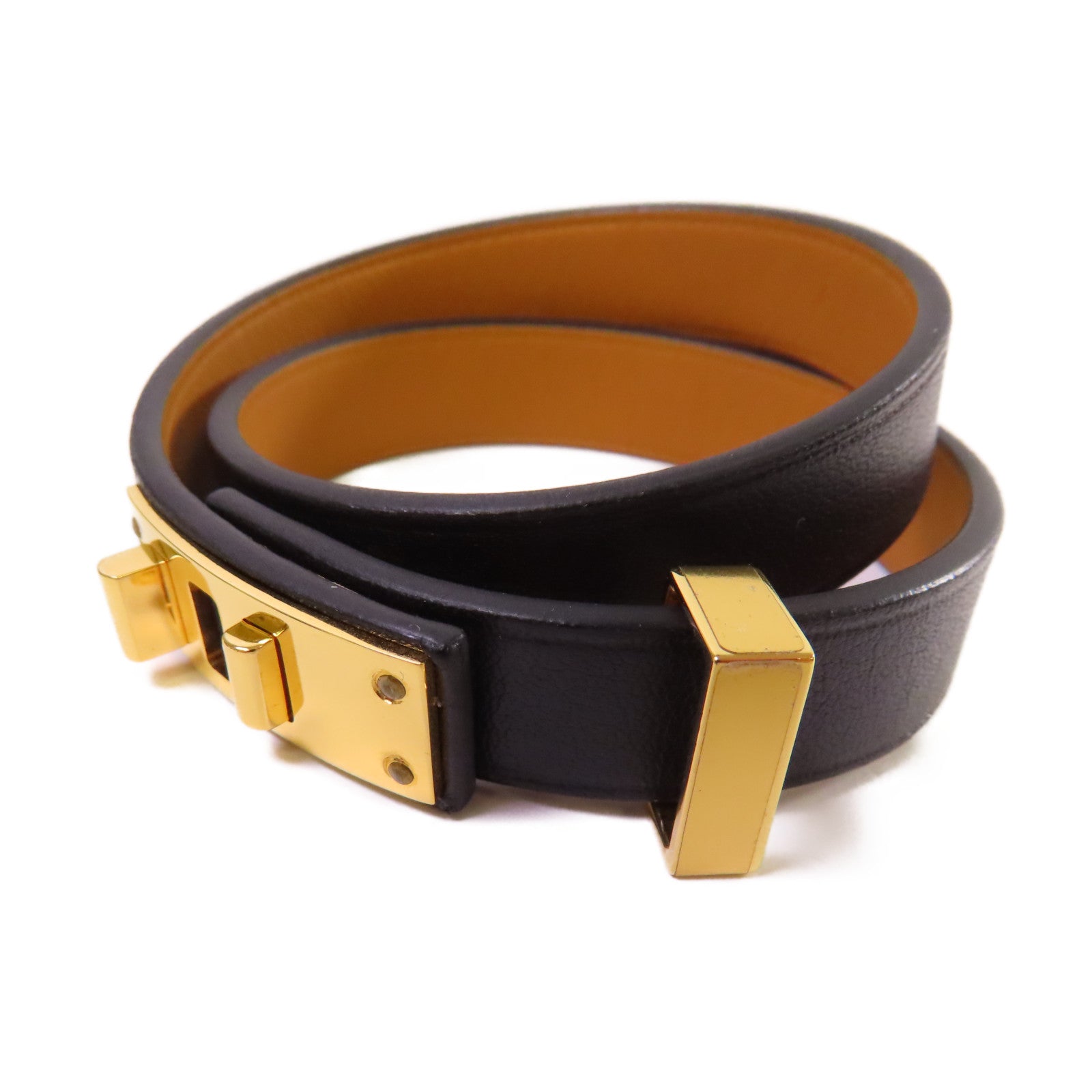 HERMES 【激減優惠】牛皮皮革/金屬Mini Dog Double Tour Bracelet金扣手鐲黑色/金色#T2
