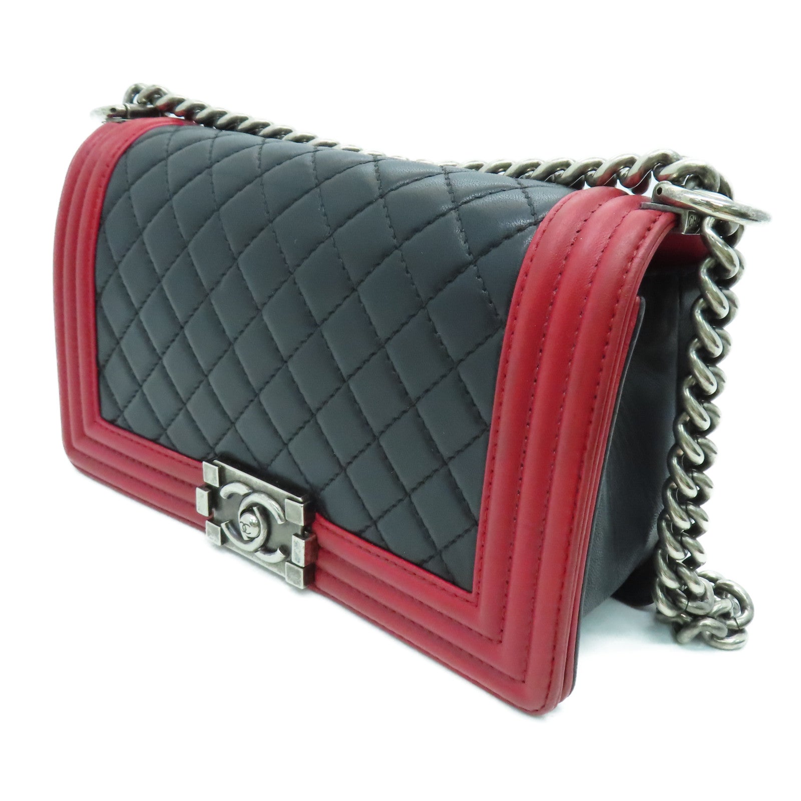 CHANEL 【清倉大減價】菱格羊皮Boy Chanel Shoulder Bag銀扣鏈帶肩背袋黑紅色