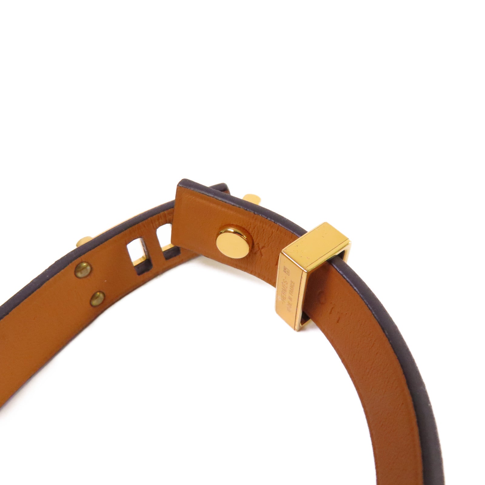 HERMES 【激減優惠】牛皮皮革/金屬Mini Dog Double Tour Bracelet金扣手鐲黑色/金色#T2