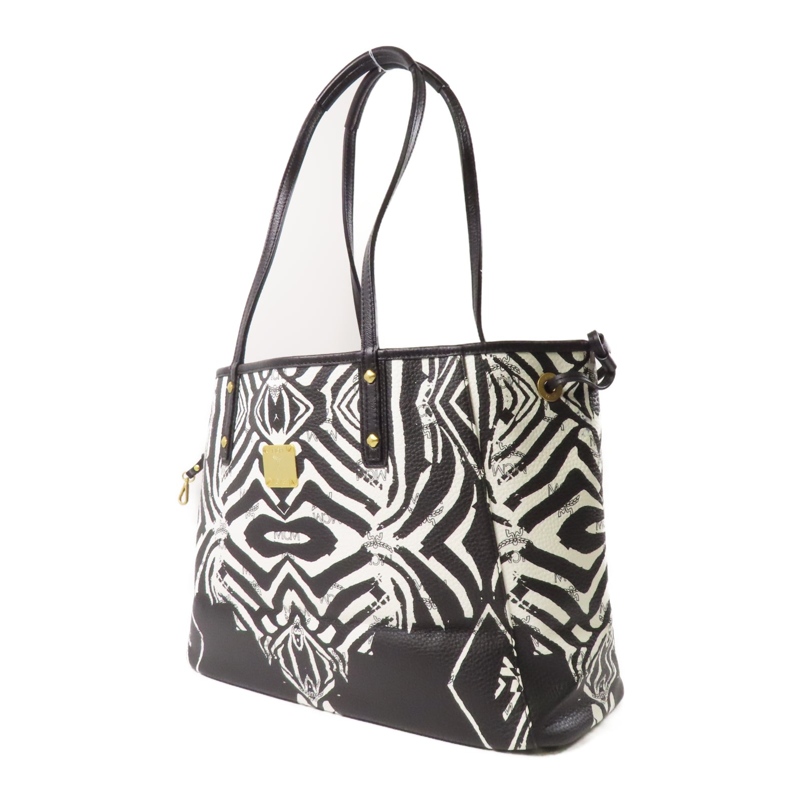 MCM 【激減優惠】皮革MCM Tote Bag金扣手挽袋黑色/白色