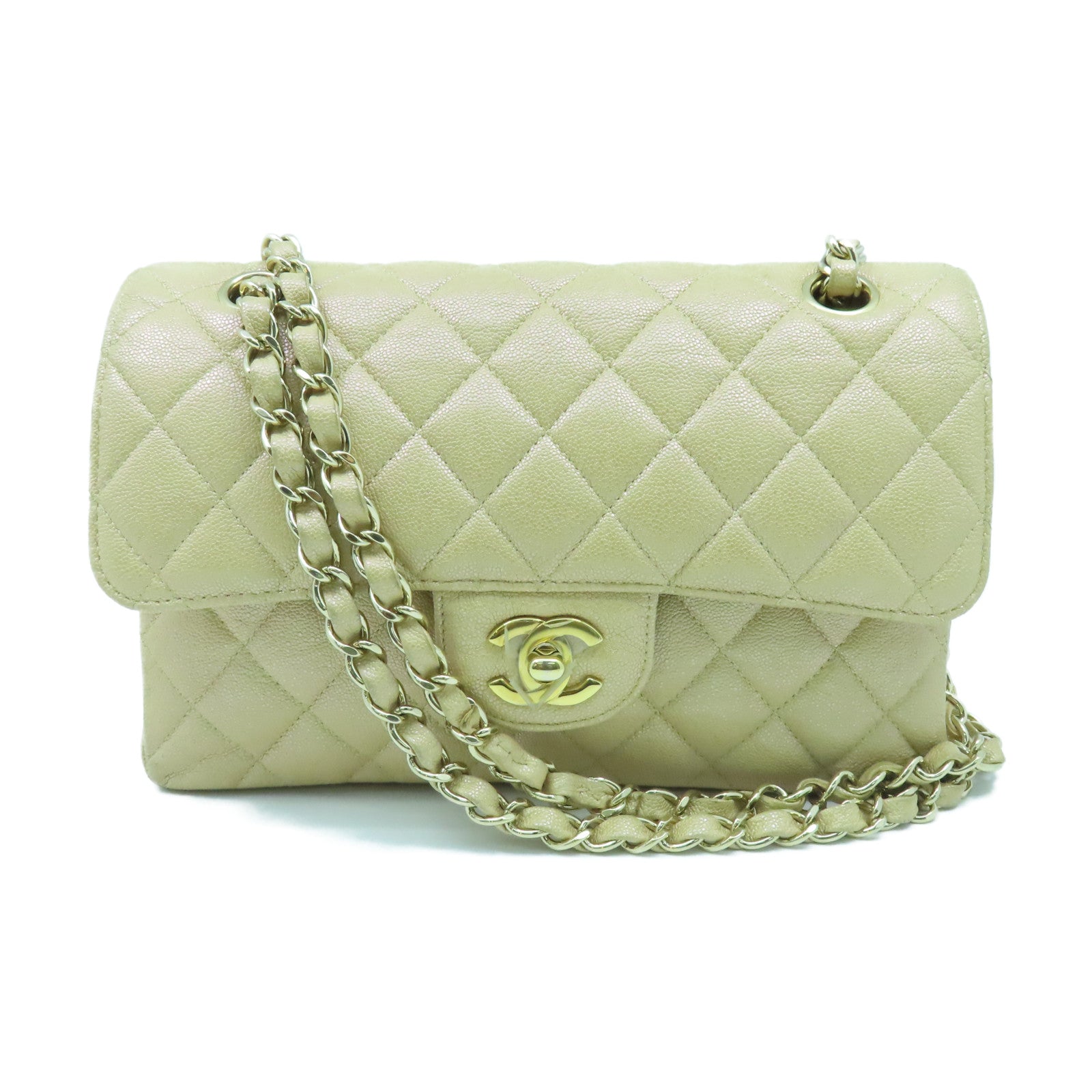 CHANEL 【清倉大減價】菱格Caviar皮革Classic Small金扣鏈帶肩背袋淺黃色