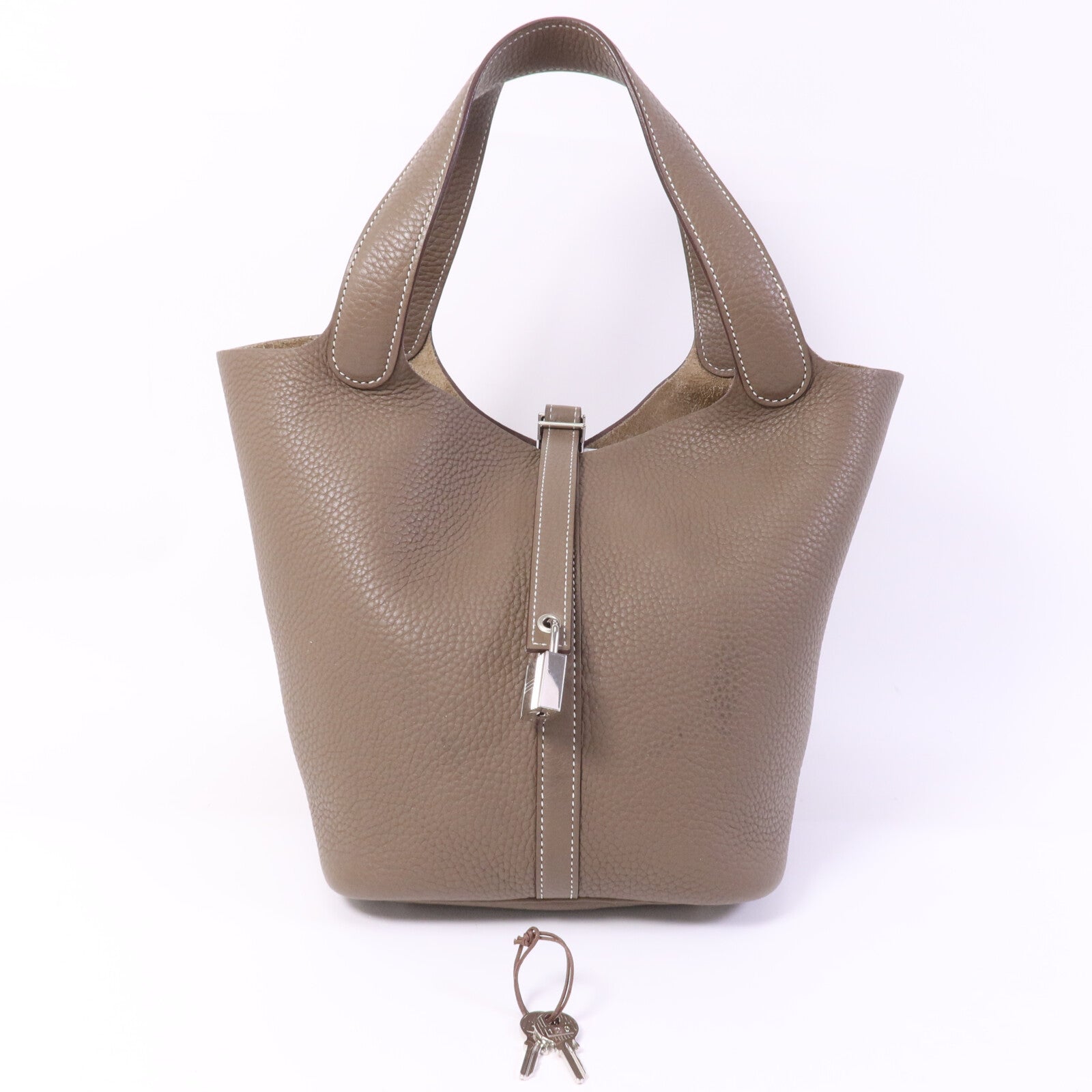 HERMES Clemence皮革Picotin MM銀扣手挽袋Etoupe