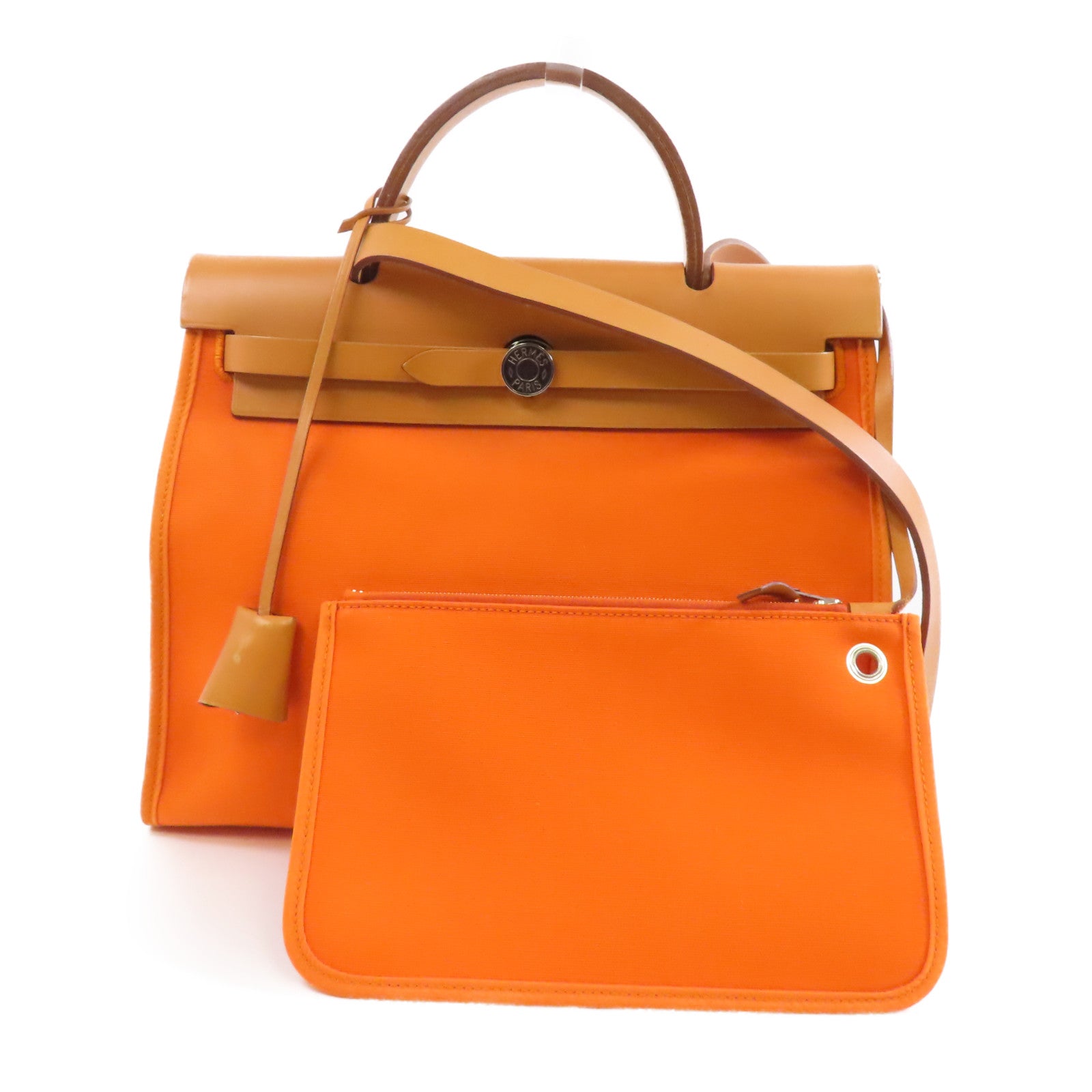 HERMES 帆布/皮革Herbag PM銀扣手挽肩背兩用袋橙色/啡色
