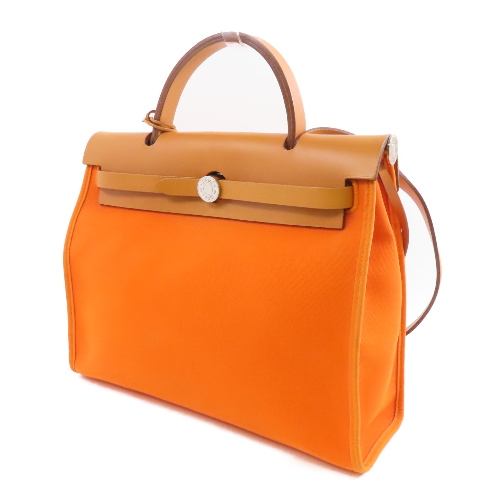 HERMES 帆布/皮革Herbag PM銀扣手挽肩背兩用袋橙色/啡色