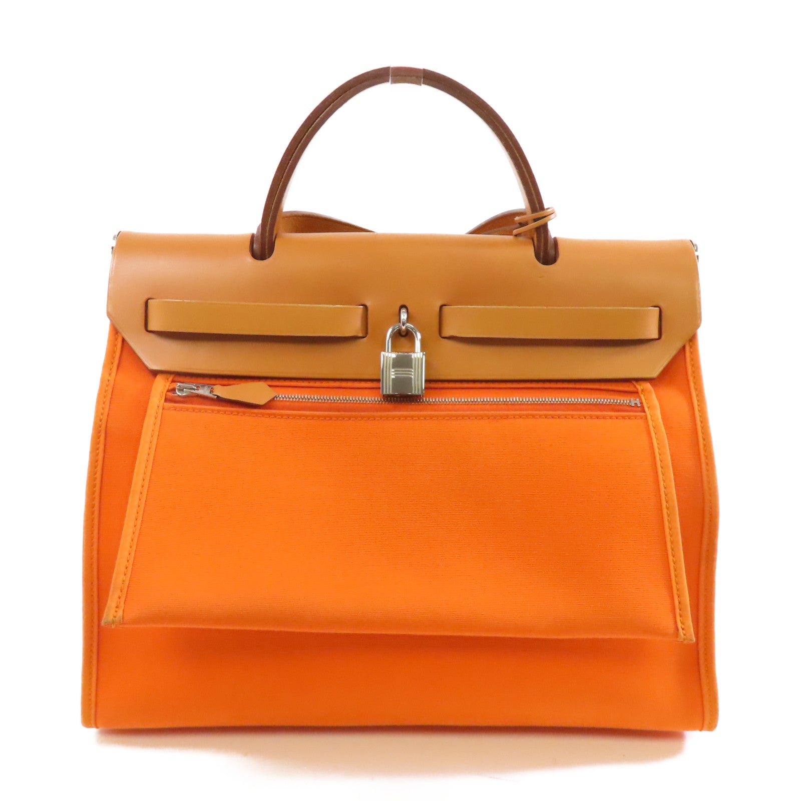 HERMES 帆布/皮革Herbag PM銀扣手挽肩背兩用袋橙色/啡色