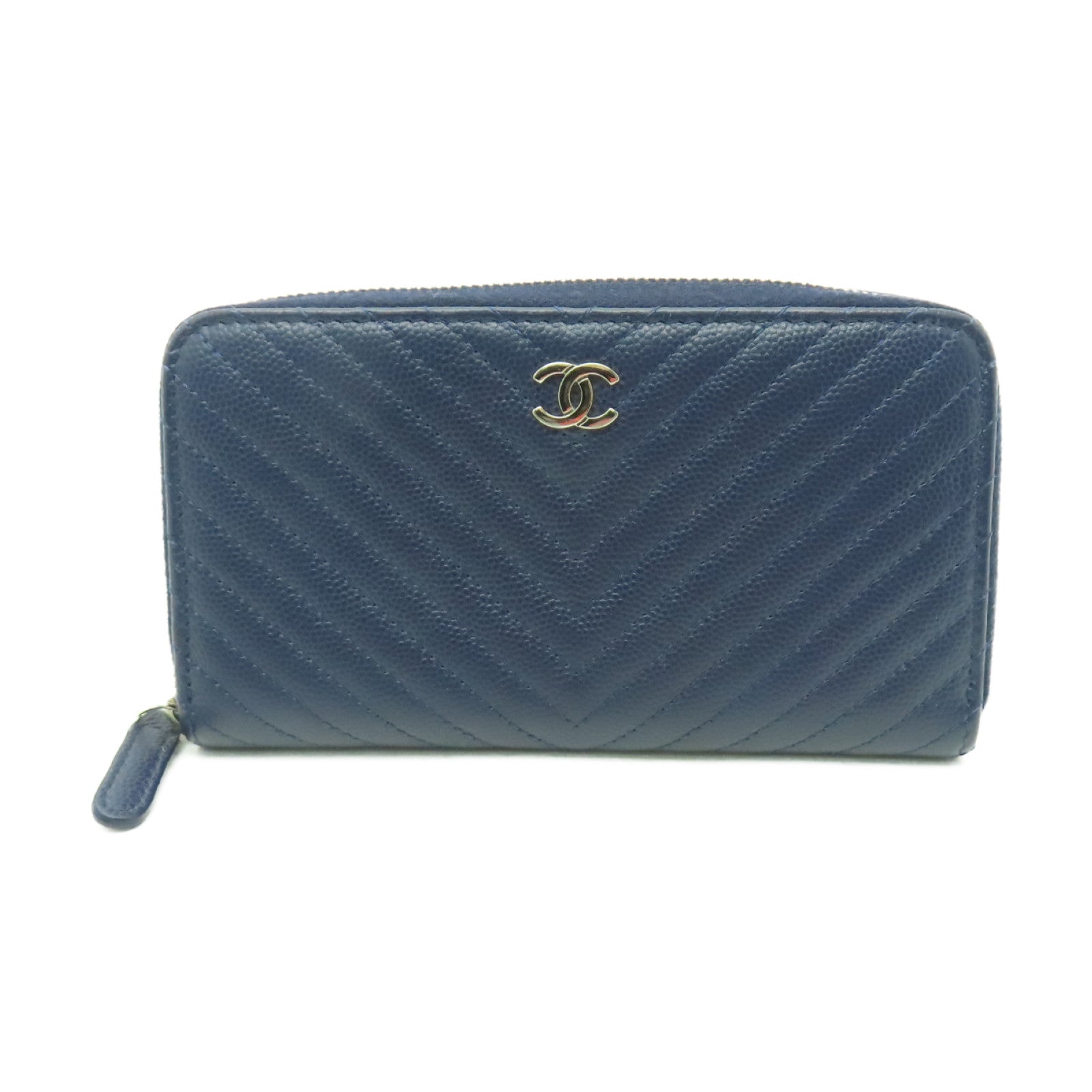 CHANEL 【激減優惠】斜紋Caviar皮革Wallet銀扣錢包深藍色