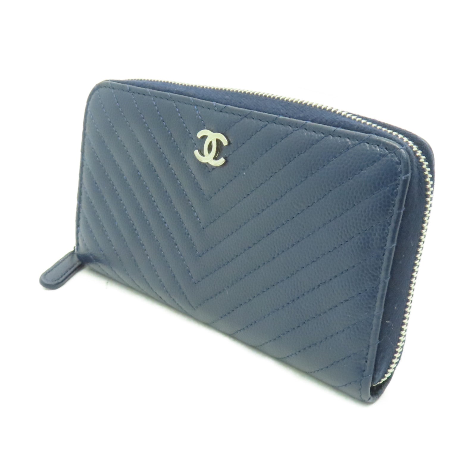 CHANEL 【激減優惠】斜紋Caviar皮革Wallet銀扣錢包深藍色