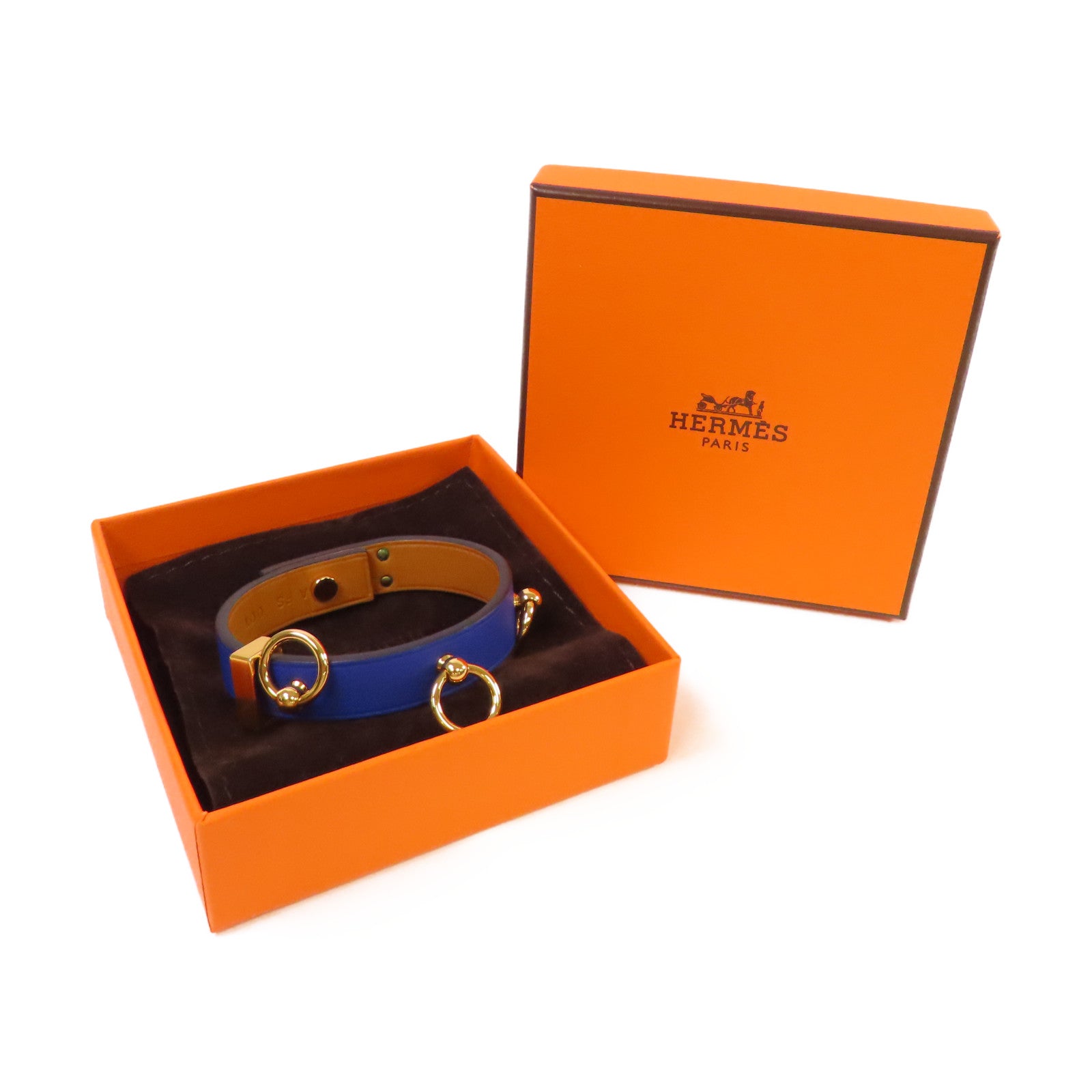 HERMES 【激減優惠】牛皮皮革/金屬Mini Dog Bracelet金扣手鐲藍色/金色#T2