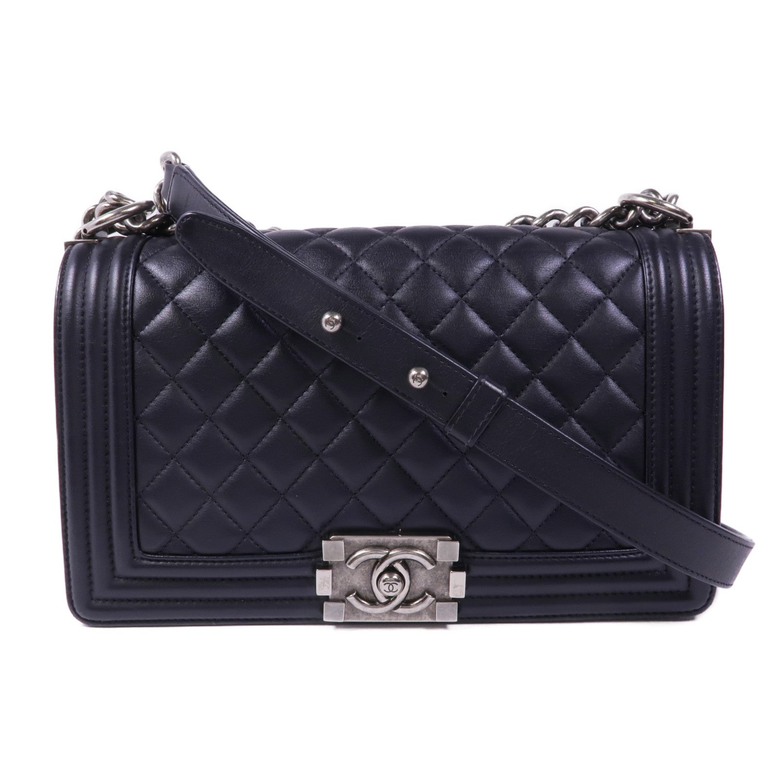 CHANEL 羊皮皮革Boy 25銀扣鏈帶肩背袋