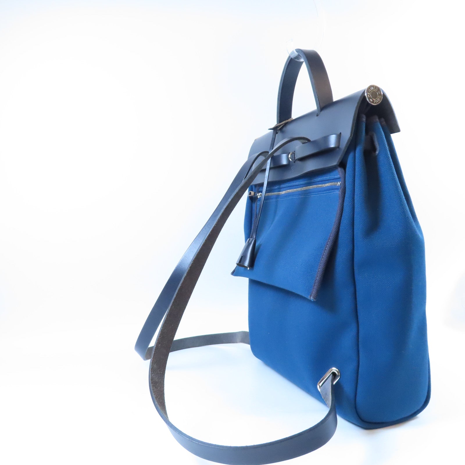 HERMES 帆布/皮革Herbag Backpack銀扣背包深藍色