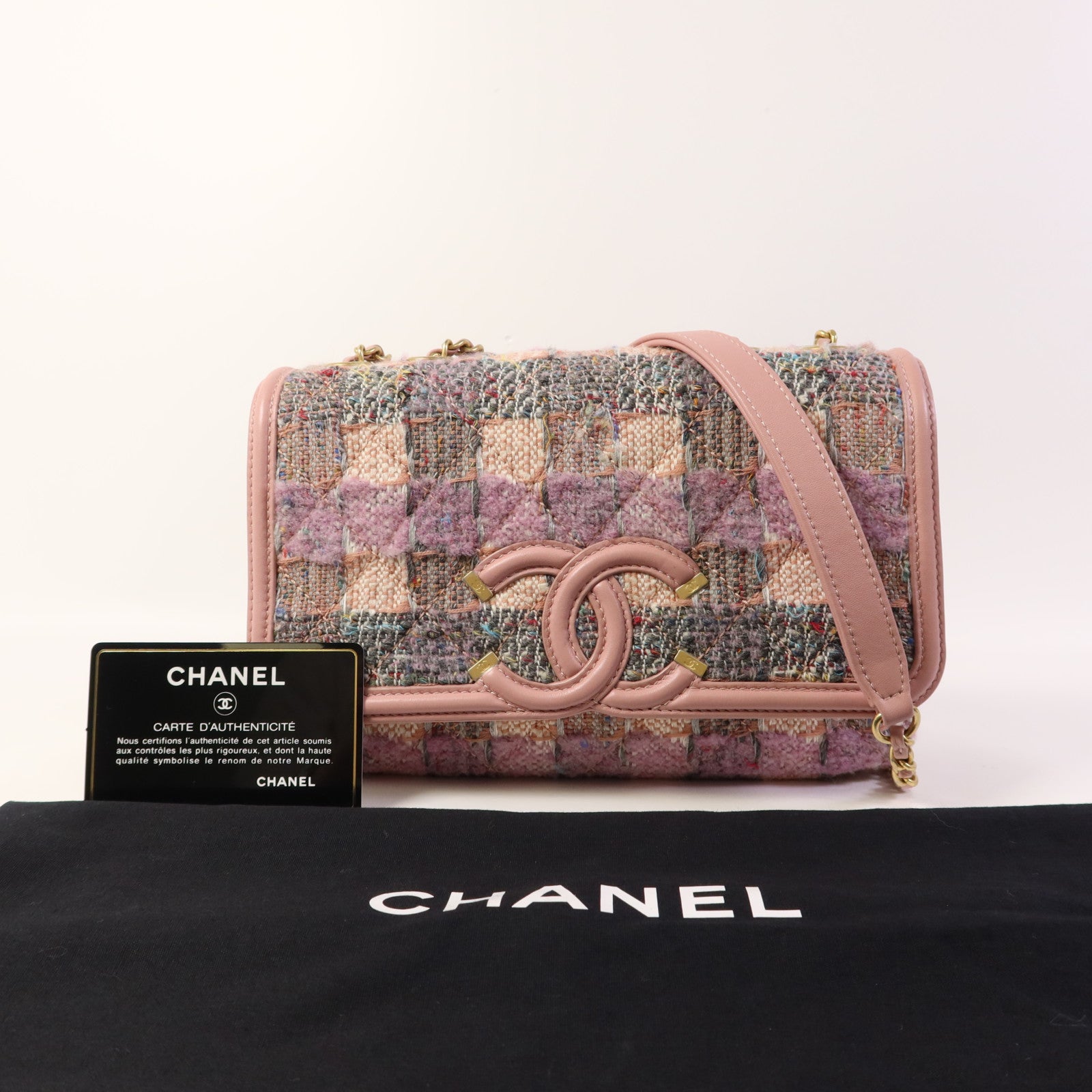 CHANEL 粗花呢CC Filigree Flap金扣鏈帶肩背袋