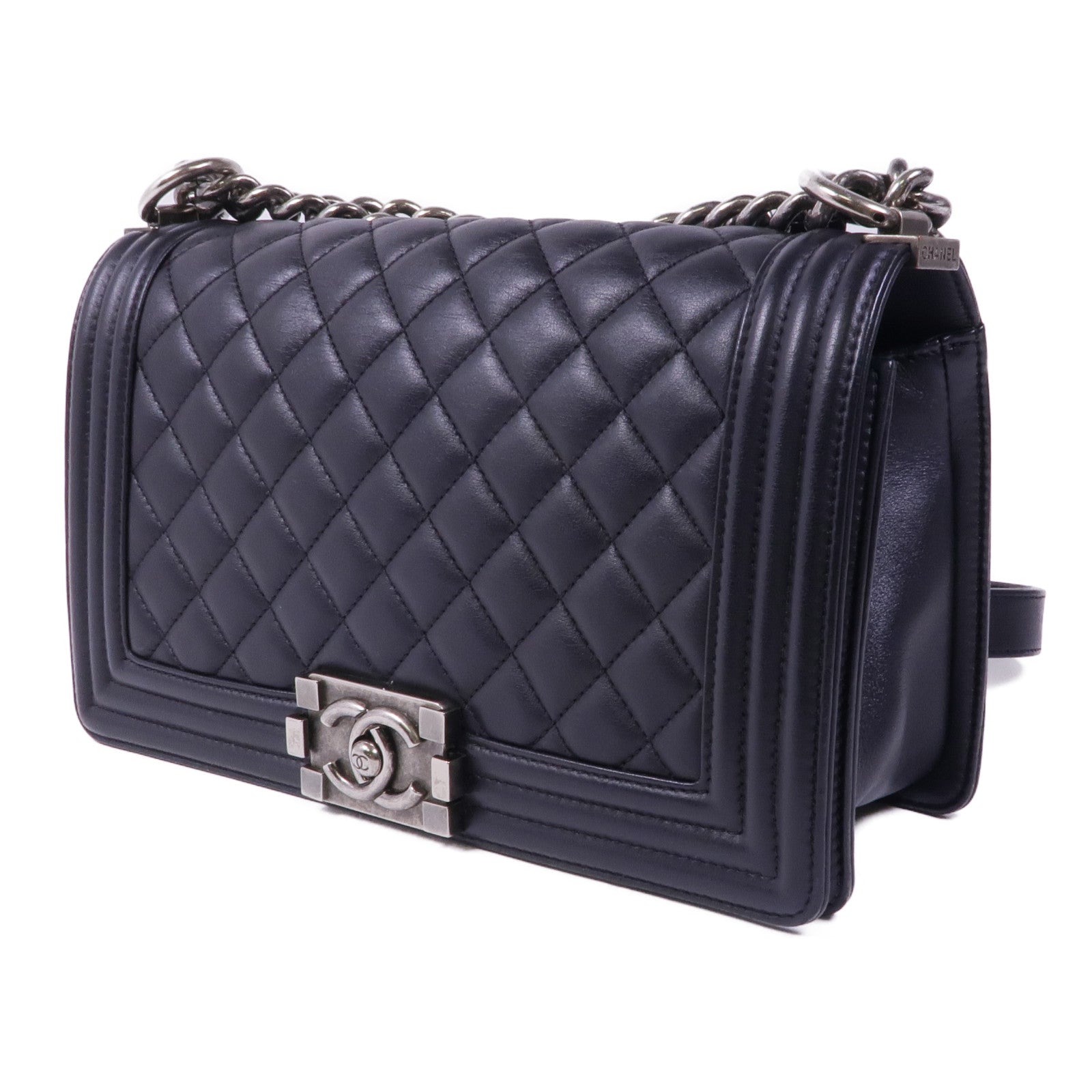 CHANEL 羊皮皮革Boy 25銀扣鏈帶肩背袋