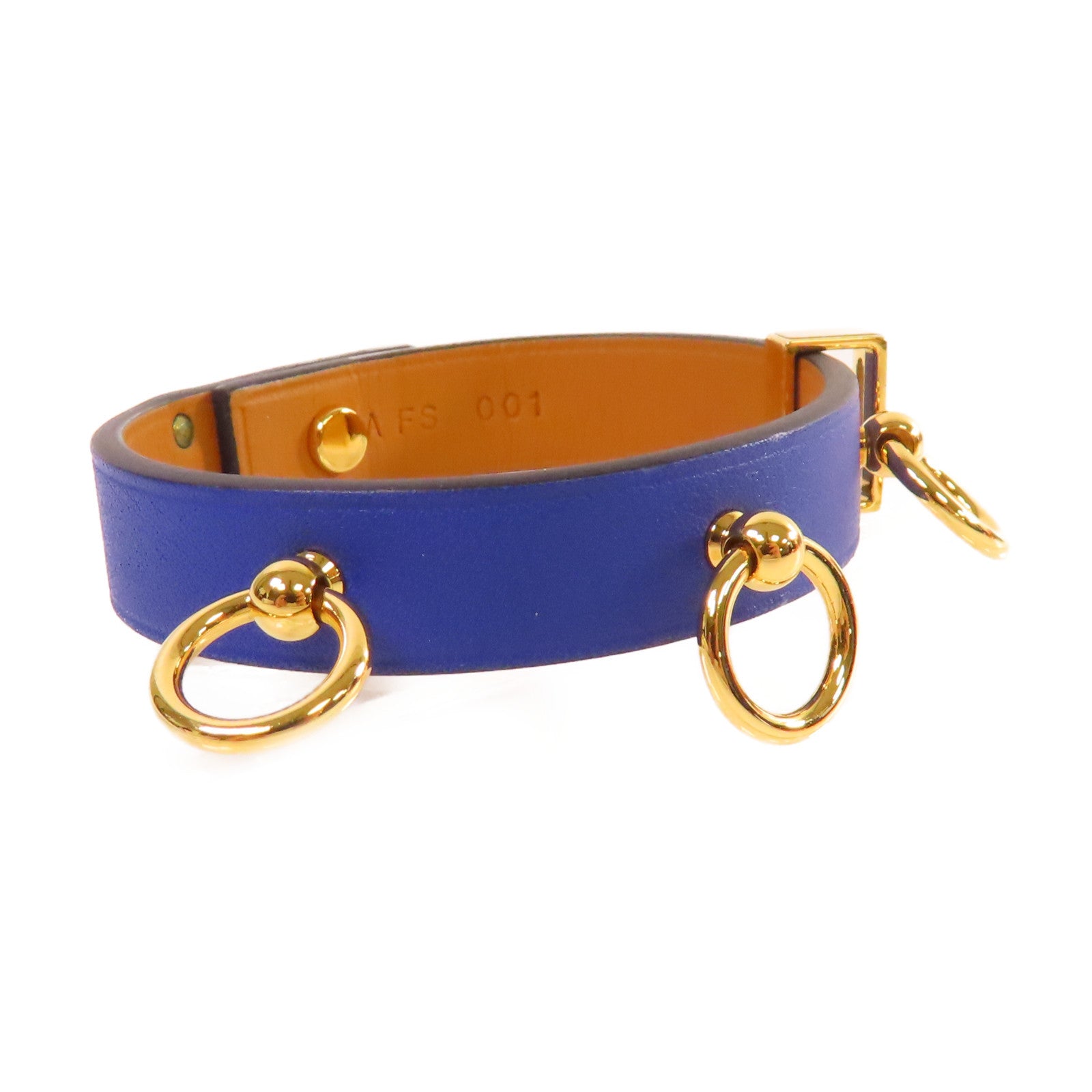 HERMES 【激減優惠】牛皮皮革/金屬Mini Dog Bracelet金扣手鐲藍色/金色#T2
