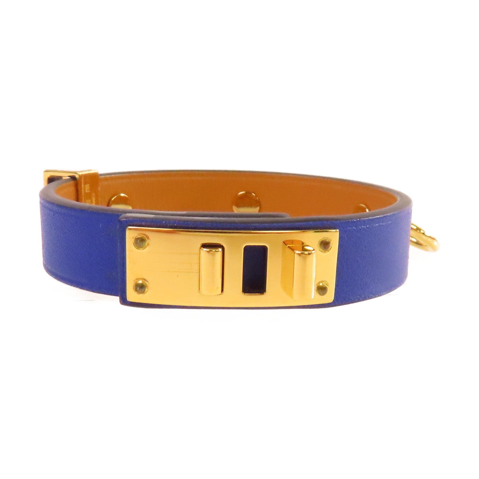 HERMES 【激減優惠】牛皮皮革/金屬Mini Dog Bracelet金扣手鐲藍色/金色#T2
