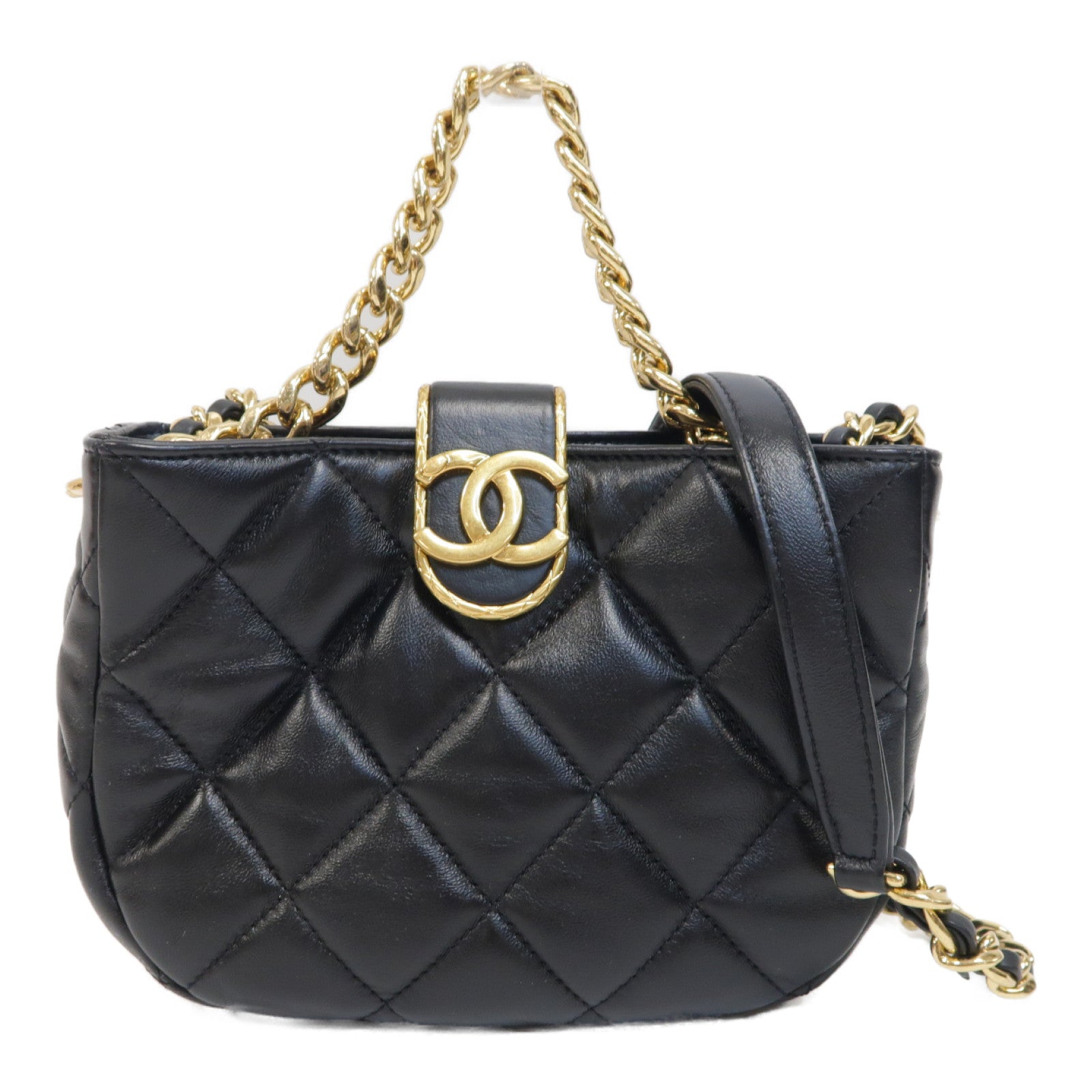 CHANEL 菱格羊皮皮革2way Chain Shoulder Bag金扣手挽肩背兩用袋黑色