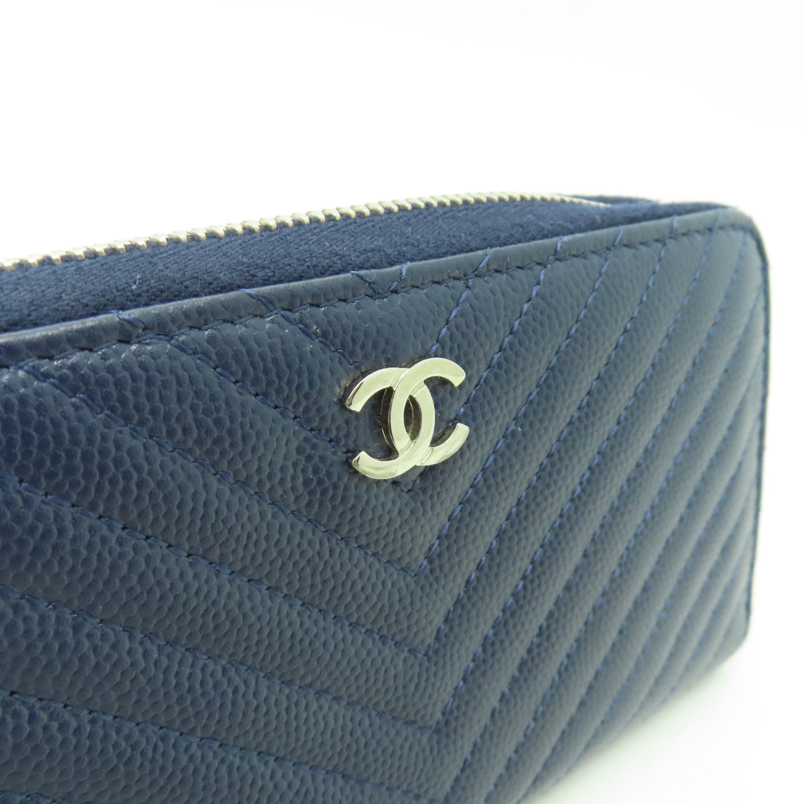 CHANEL 【激減優惠】斜紋Caviar皮革Wallet銀扣錢包深藍色