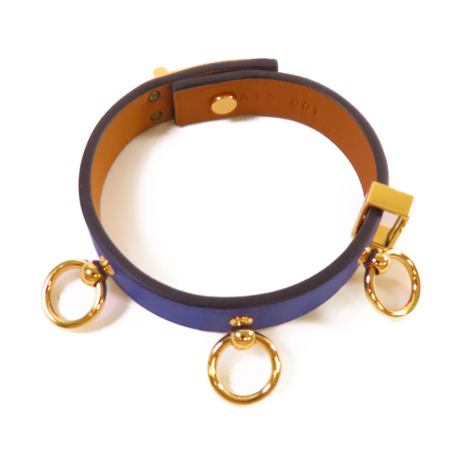 HERMES 【激減優惠】牛皮皮革/金屬Mini Dog Bracelet金扣手鐲藍色/金色#T2