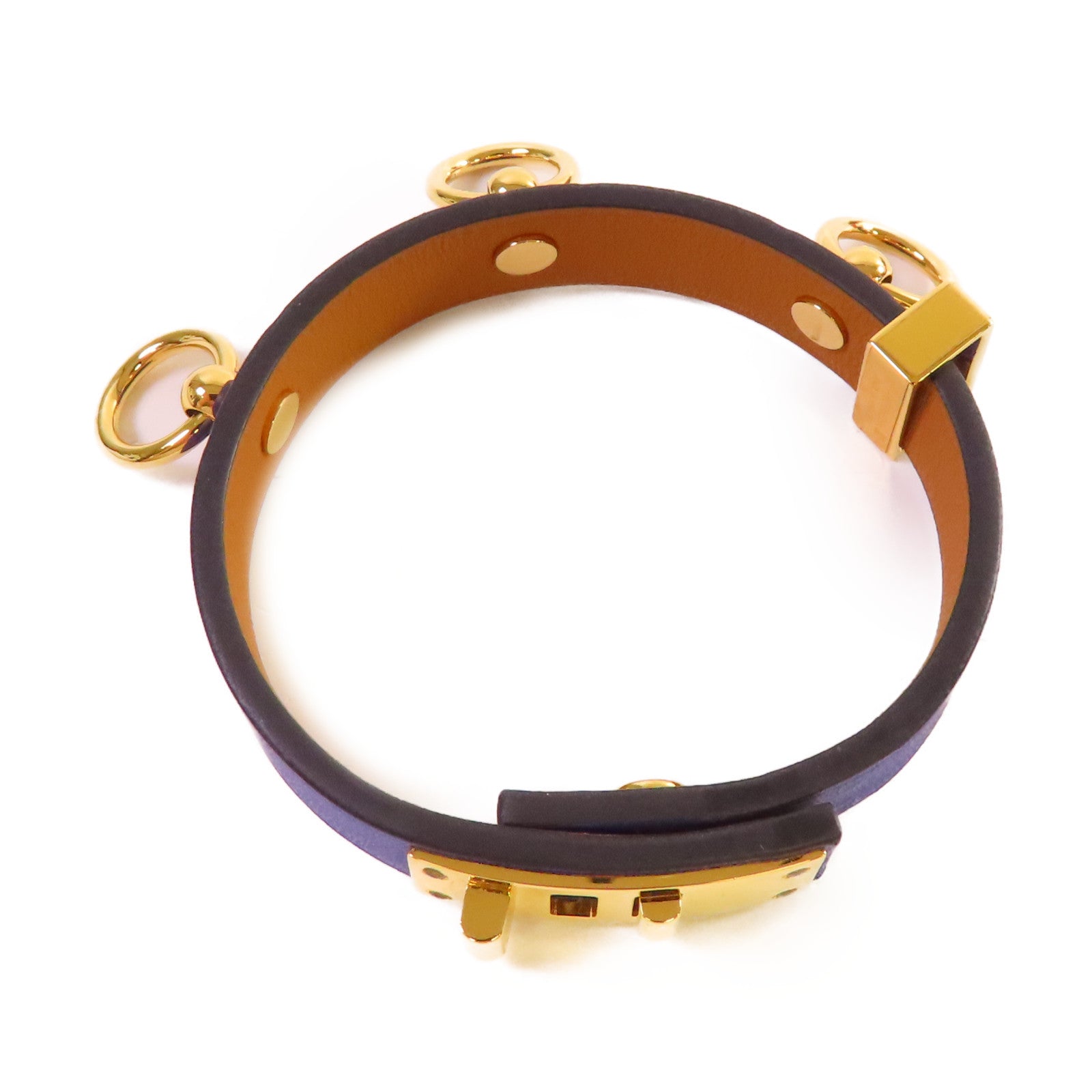 HERMES 【激減優惠】牛皮皮革/金屬Mini Dog Bracelet金扣手鐲藍色/金色#T2
