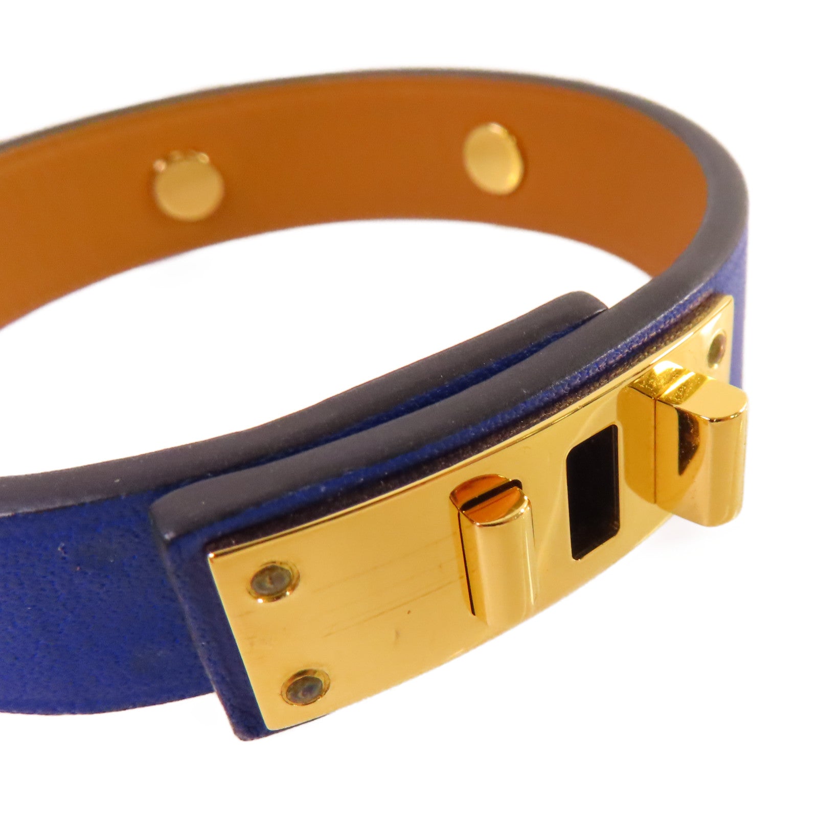 HERMES 【激減優惠】牛皮皮革/金屬Mini Dog Bracelet金扣手鐲藍色/金色#T2