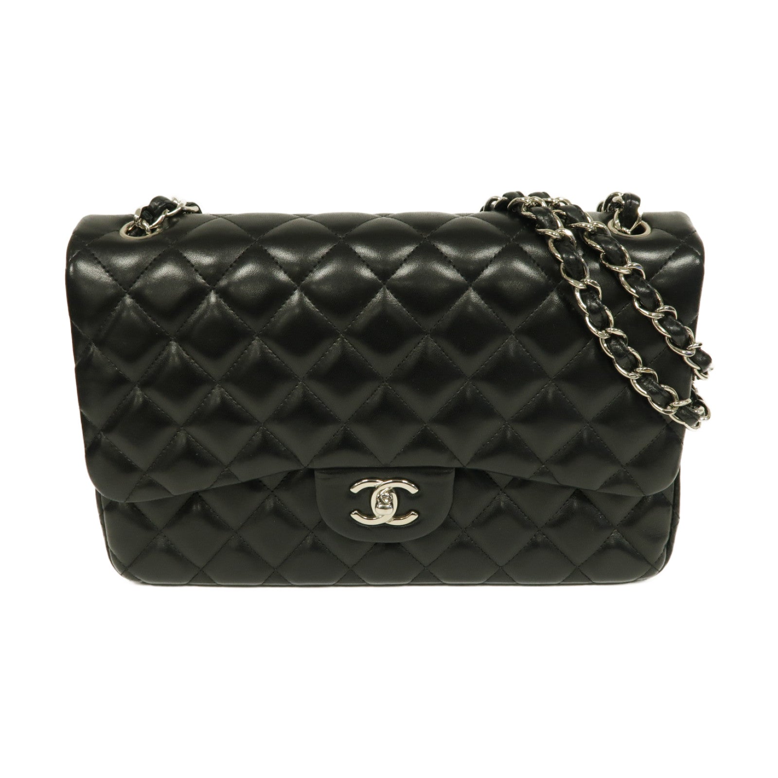 CHANEL **【激減優惠】菱格羊皮皮革Classic銀扣鏈帶肩背袋黒色
