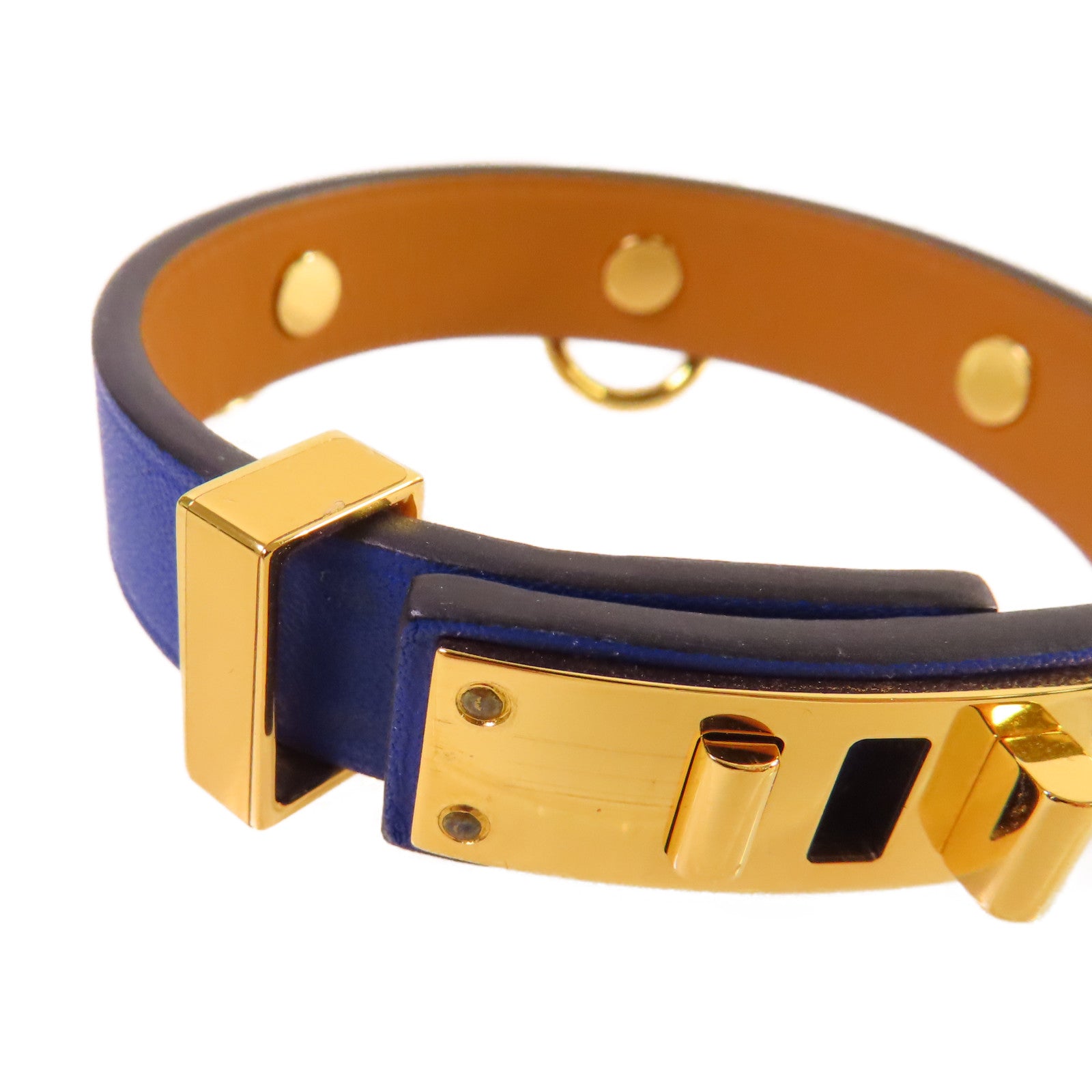 HERMES 【激減優惠】牛皮皮革/金屬Mini Dog Bracelet金扣手鐲藍色/金色#T2