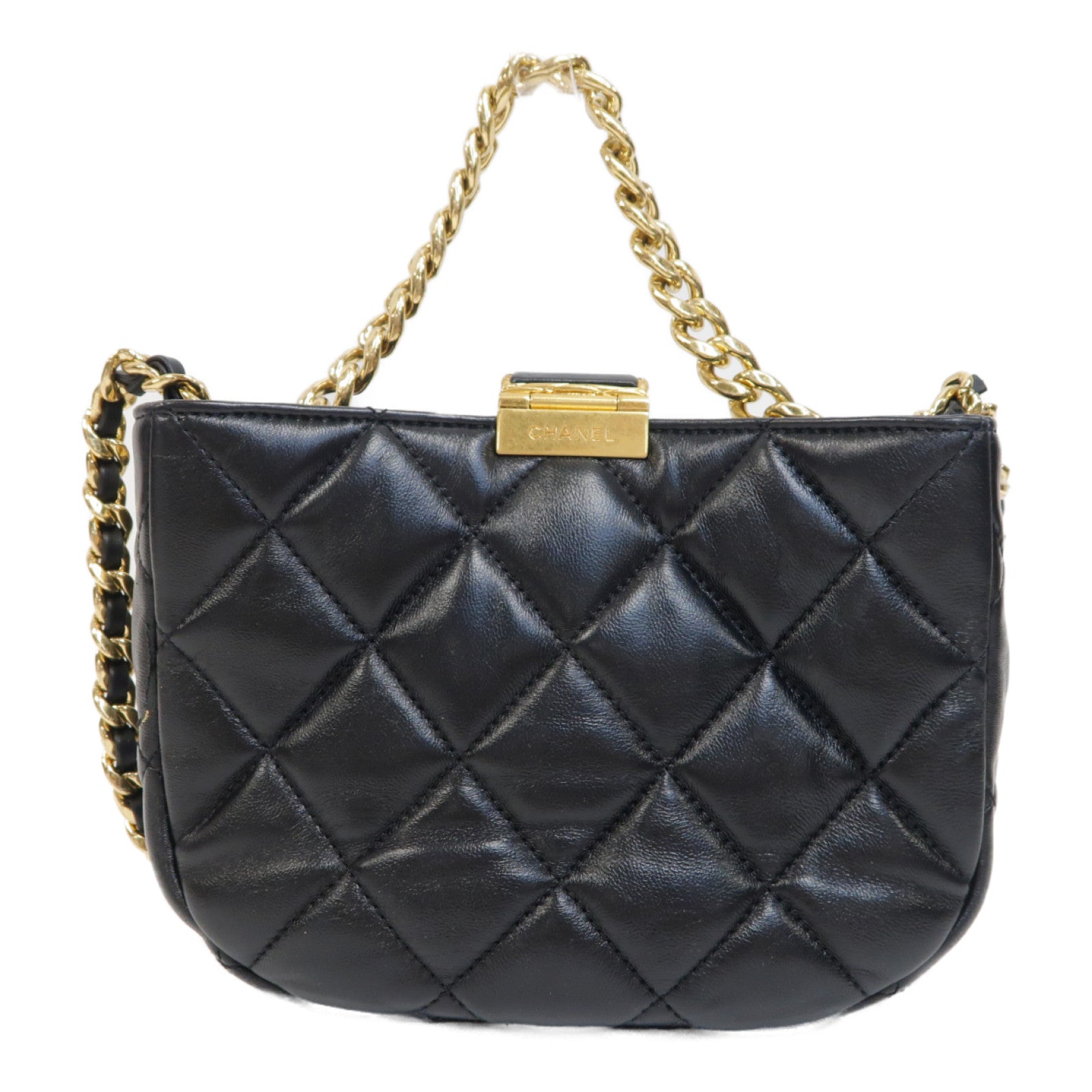 CHANEL 菱格羊皮皮革2way Chain Shoulder Bag金扣手挽肩背兩用袋黑色