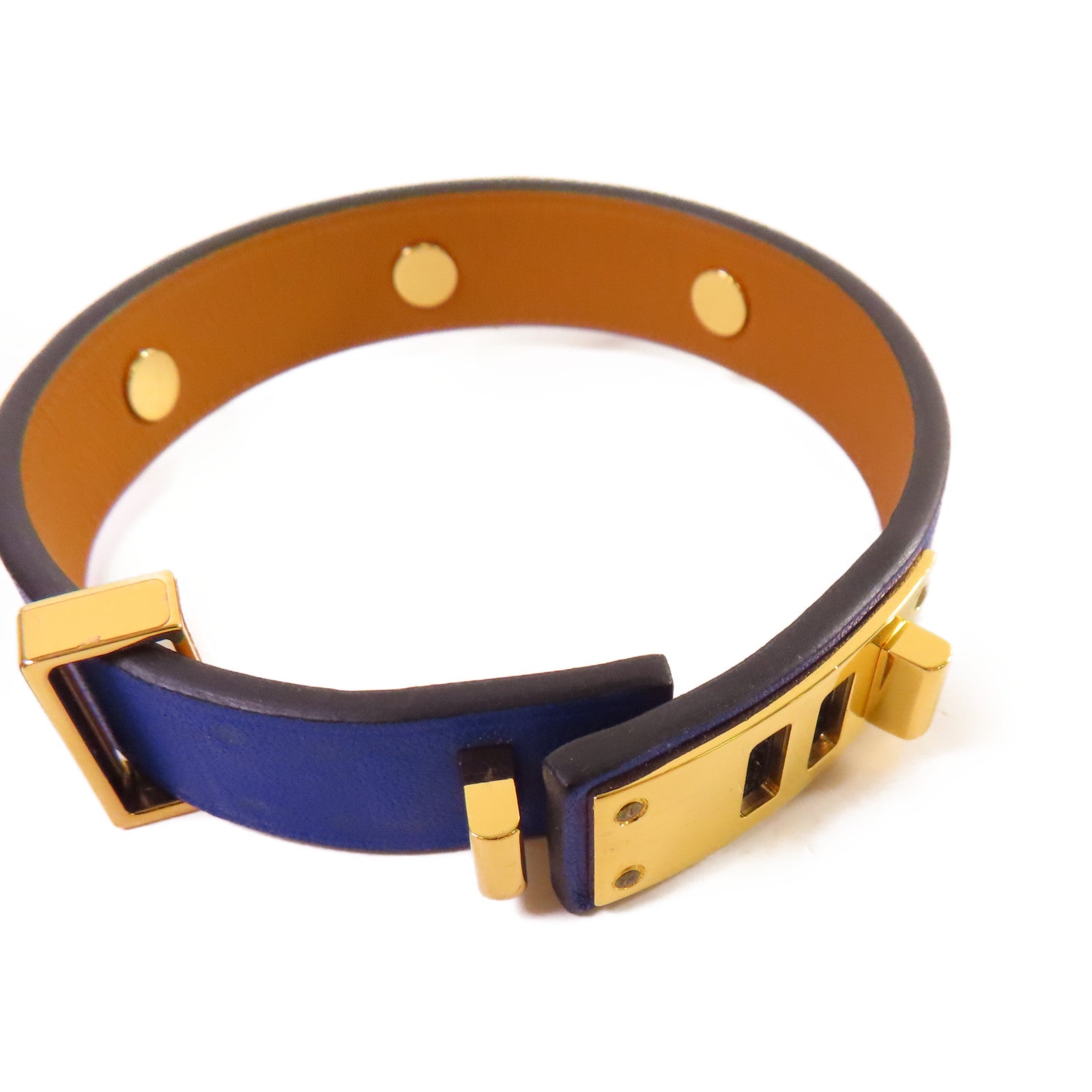 HERMES 【激減優惠】牛皮皮革/金屬Mini Dog Bracelet金扣手鐲藍色/金色#T2
