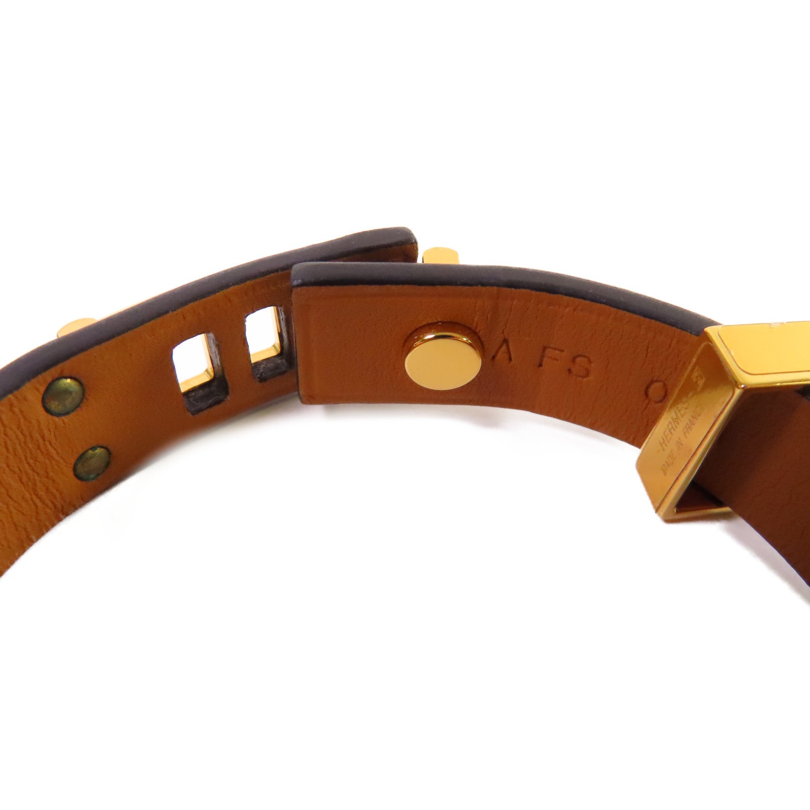 HERMES 【激減優惠】牛皮皮革/金屬Mini Dog Bracelet金扣手鐲藍色/金色#T2