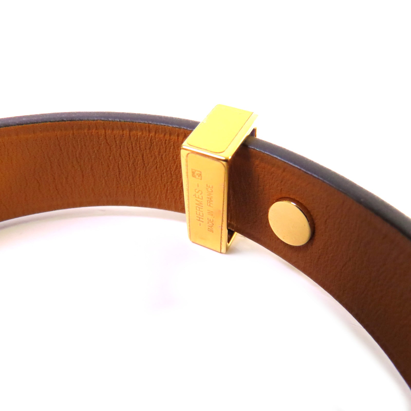 HERMES 【激減優惠】牛皮皮革/金屬Mini Dog Bracelet金扣手鐲藍色/金色#T2