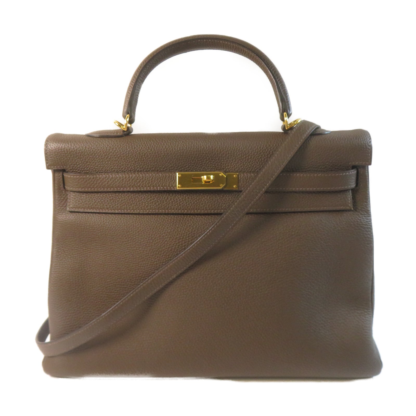 HERMES 【激減優惠】Clemence皮革Kelly 35金扣手挽肩背兩用袋啡色