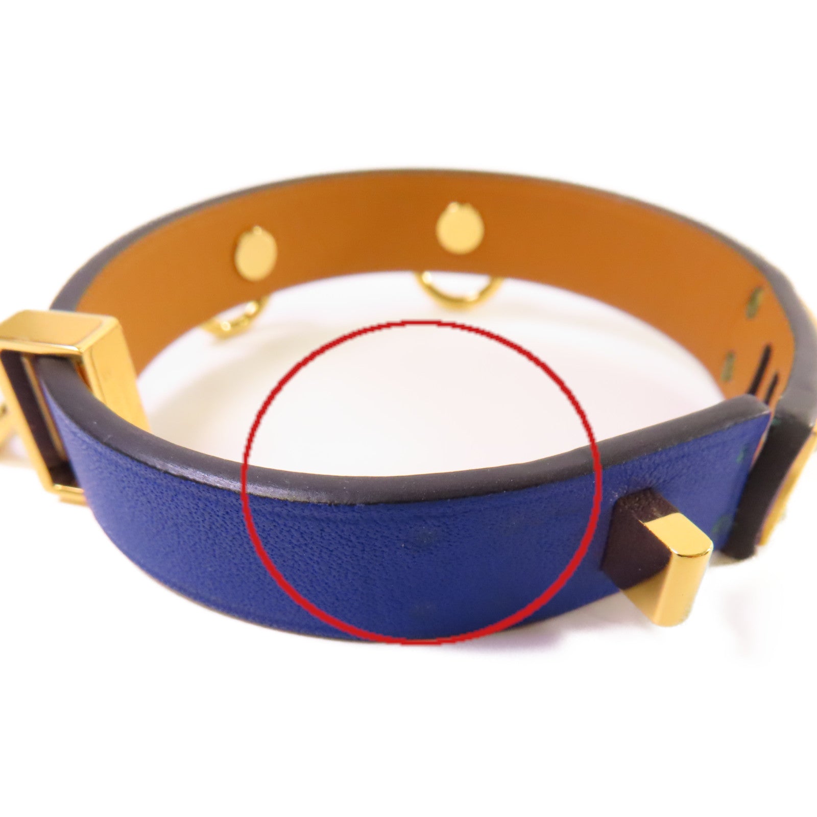 HERMES 【激減優惠】牛皮皮革/金屬Mini Dog Bracelet金扣手鐲藍色/金色#T2