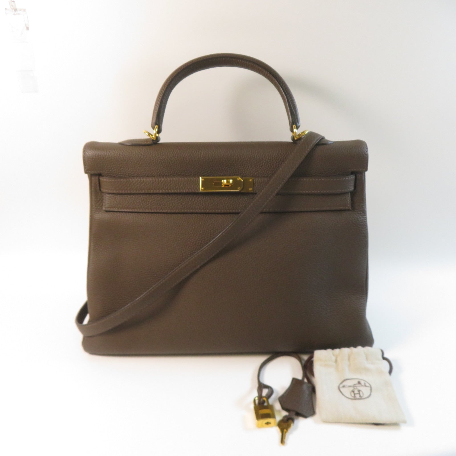 HERMES 【激減優惠】Clemence皮革Kelly 35金扣手挽肩背兩用袋啡色
