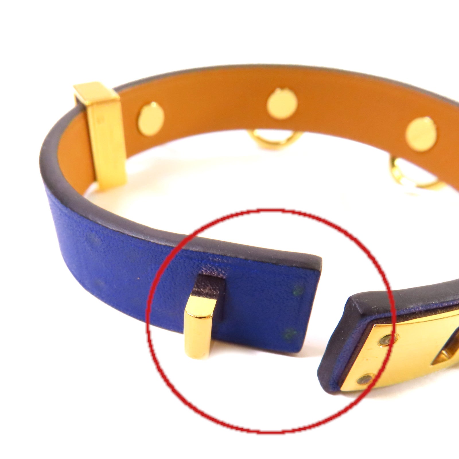 HERMES 【激減優惠】牛皮皮革/金屬Mini Dog Bracelet金扣手鐲藍色/金色#T2