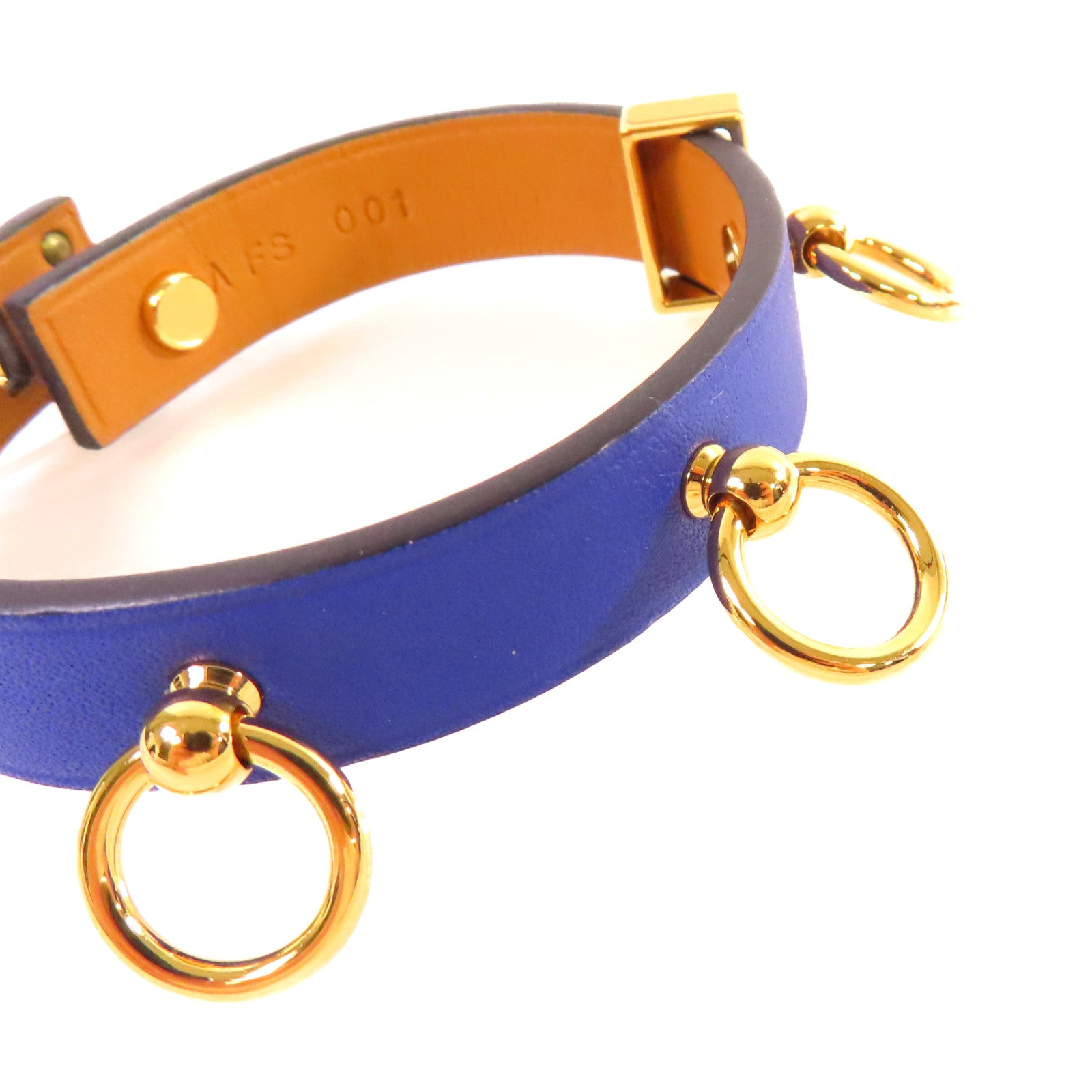 HERMES 【激減優惠】牛皮皮革/金屬Mini Dog Bracelet金扣手鐲藍色/金色#T2