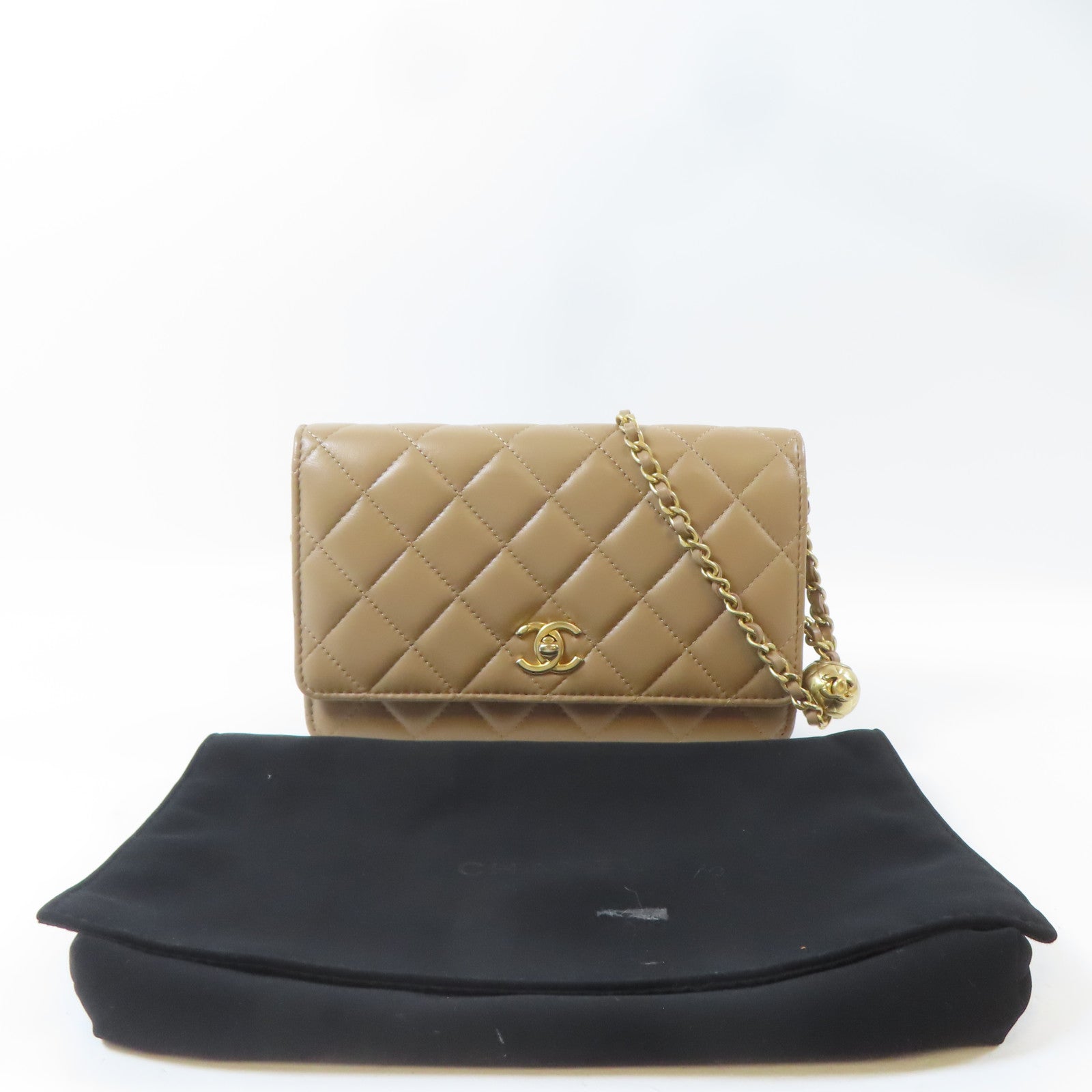 CHANEL 菱格羊皮皮革Wallet On Chain Gold Ball金扣鏈帶肩背袋