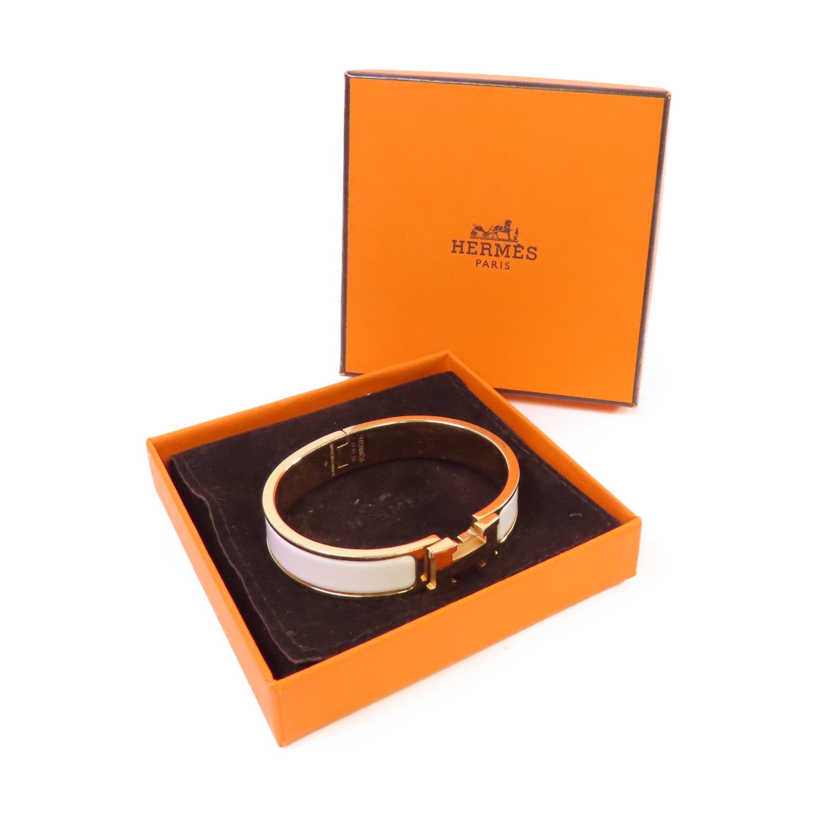 HERMES 金屬/琺瑯Clic H Bracelet金扣手鐲白色/金色