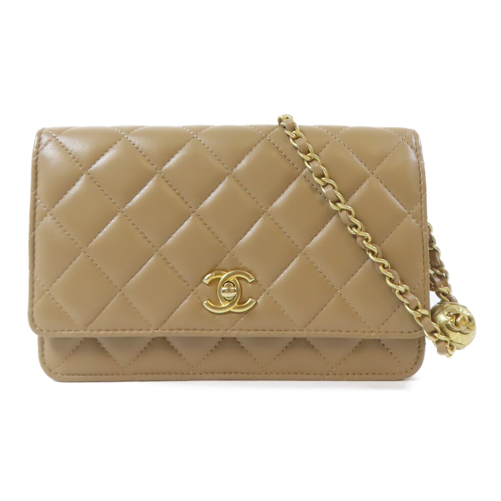 CHANEL 菱格羊皮皮革Wallet On Chain Gold Ball金扣鏈帶肩背袋