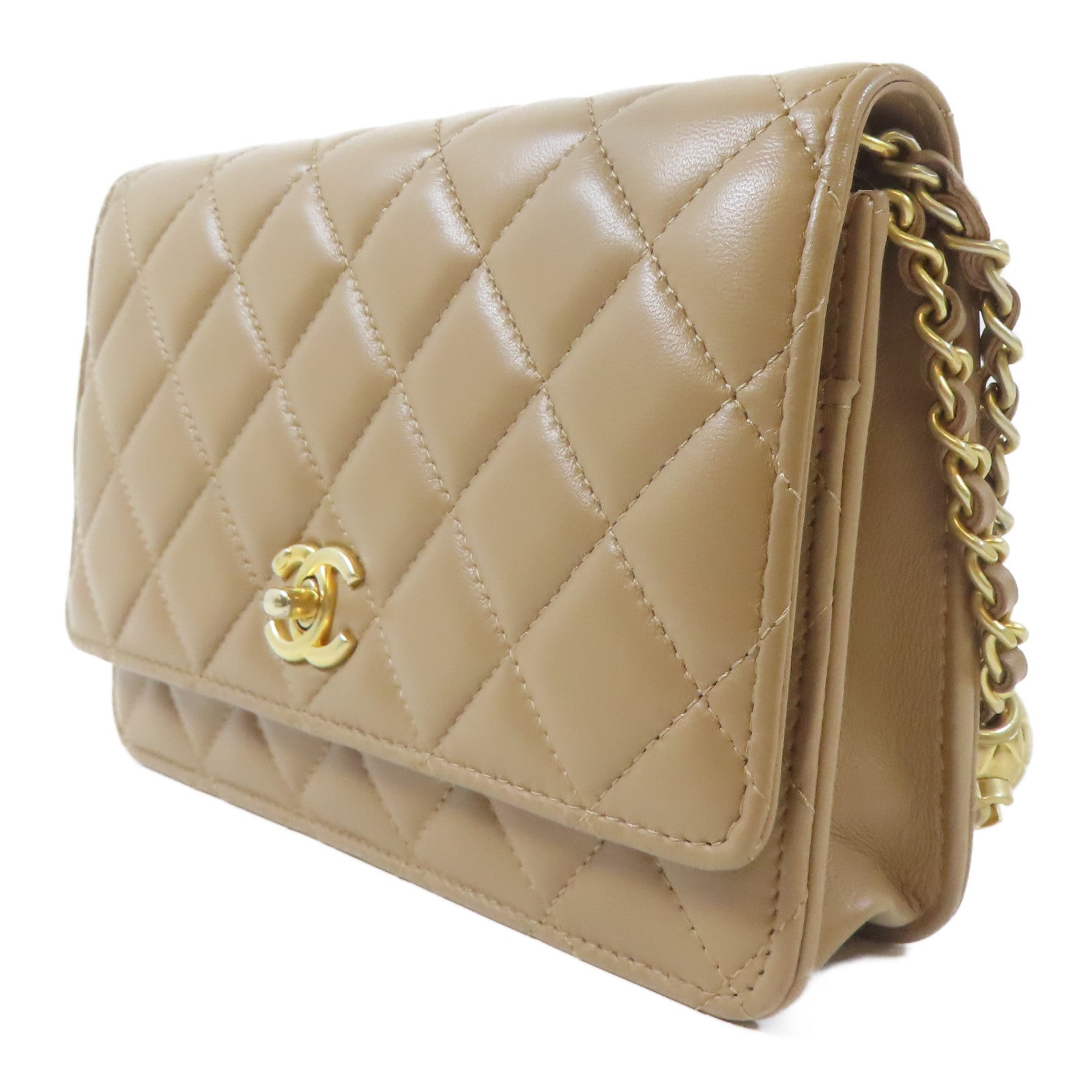 CHANEL 菱格羊皮皮革Wallet On Chain Gold Ball金扣鏈帶肩背袋